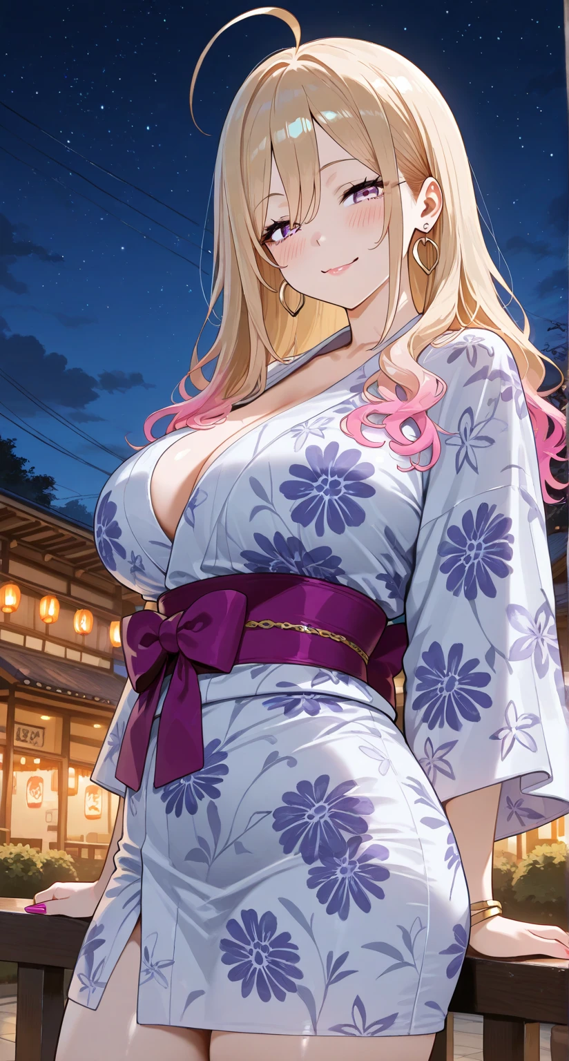 Blonde、sexy、clavicle、yukata、shoulder、Highest quality、high resolution、8K,Highest quality、Star-shaped pupil、The best smile、long hair、Pink Eyes、ponytail、Cowboy Shot、One person