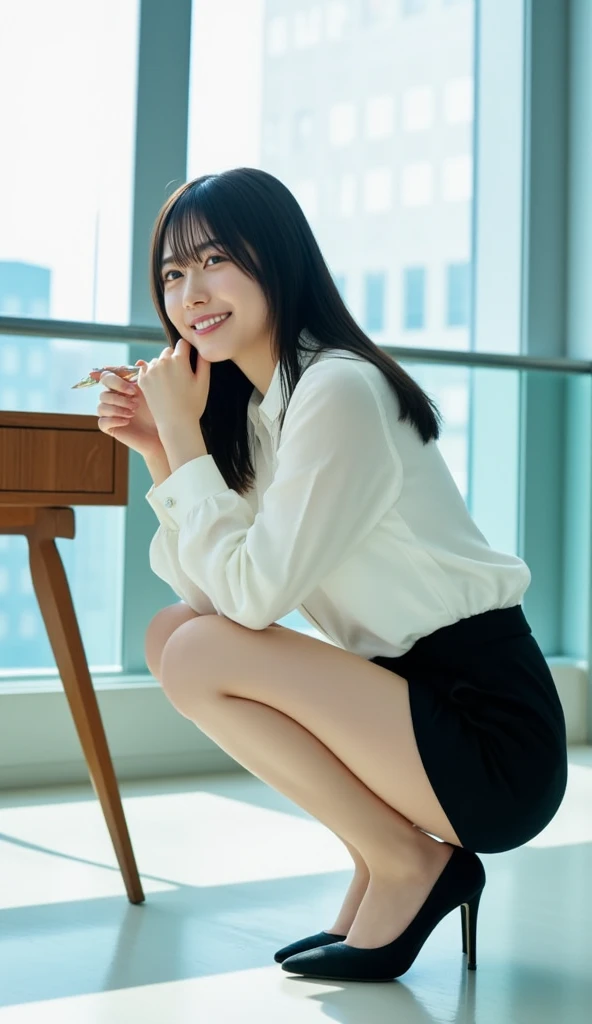masterpiece,8k,highest quality,Ultra-fine illustration, big_file size, highly detailed face, perfect lighting, full color, OL, suitを着ている, (inside the office:1.5), detailed background, professional lighting, dynamic angle, Fine and shiny skin,big目), cute, 21 years old, (Photographed from the front), (squat:1.5), (suit, satin shirt,mini tight skirt:1.1),medium black hair, I can see white panties, (office background:1.5), smile