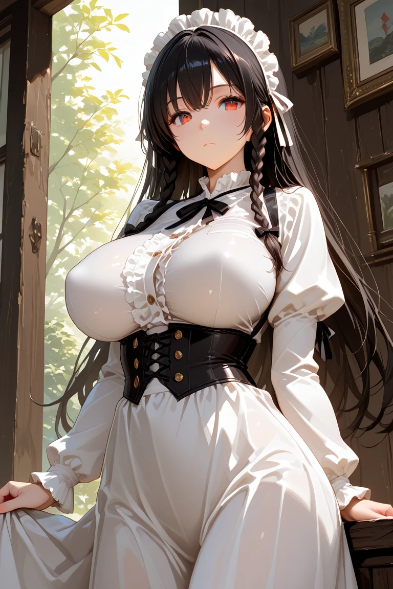 Long black hair, maid dress, white apron,massive sized boobs, thigh legs, maid cap on her head,short nurse skirt, standing, brown colour eyes,ultra realistic detailed black eyes, beautiful and perfect face, kitchen background, Mikasa Ackerman with red scarf, black hair