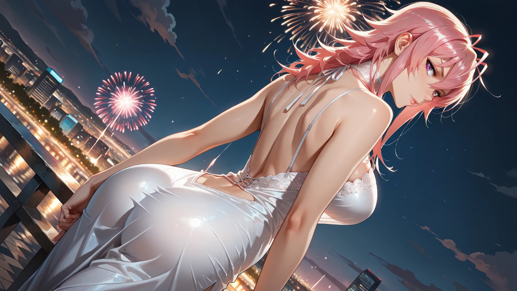 portrait,landscape,painting,illustration,yae miko, sleeves separated, strapless, (sideboob:1.45), pink hair, long hair, Japanese clothing,festive atmosphere,grand fireworks display in the night sky,sparkling fireworks,mesmerizing colors,romantic ambiance,futuristic skyscrapers,tall buildings,reaching towards the sky,glowing neon lights,amazing architectural design,twinkling stars,celebration of the new year,overwhelming sense of excitement,magical moment,inspiring and artistic composition. best quality,4k,8k,highres,masterpiece:1.2,ultra-detailed,realistic:1.37,