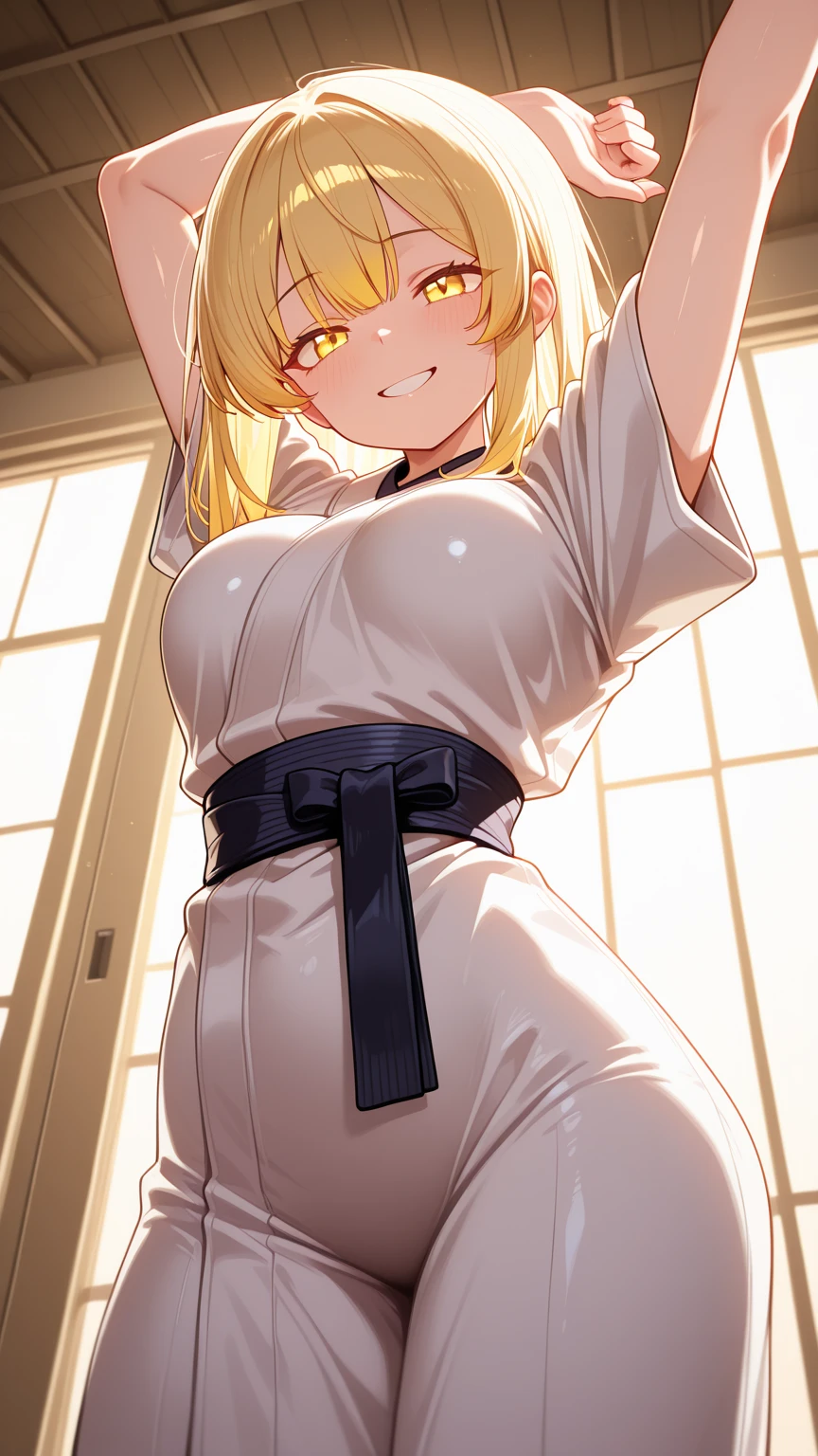 mastute piece,Best Quality,insanely detailed,8k cg,nsfw,
(shoot upper body:1.3),
(1girls:1.3),standing,looking at viewr,body in front,(arms behind back:1.4),(Judo uniform:1.3,doges:1.3),judo:1.3、BREAK,
blush,shy,(ecstasy face),(trembling:1.2),BREAK,(light blonde hair:1.3),
BREAK,
perfect breasts,perfect teats,(open mouth:0.9),(large breasts:1.2),
(judo dojo),judo道場、