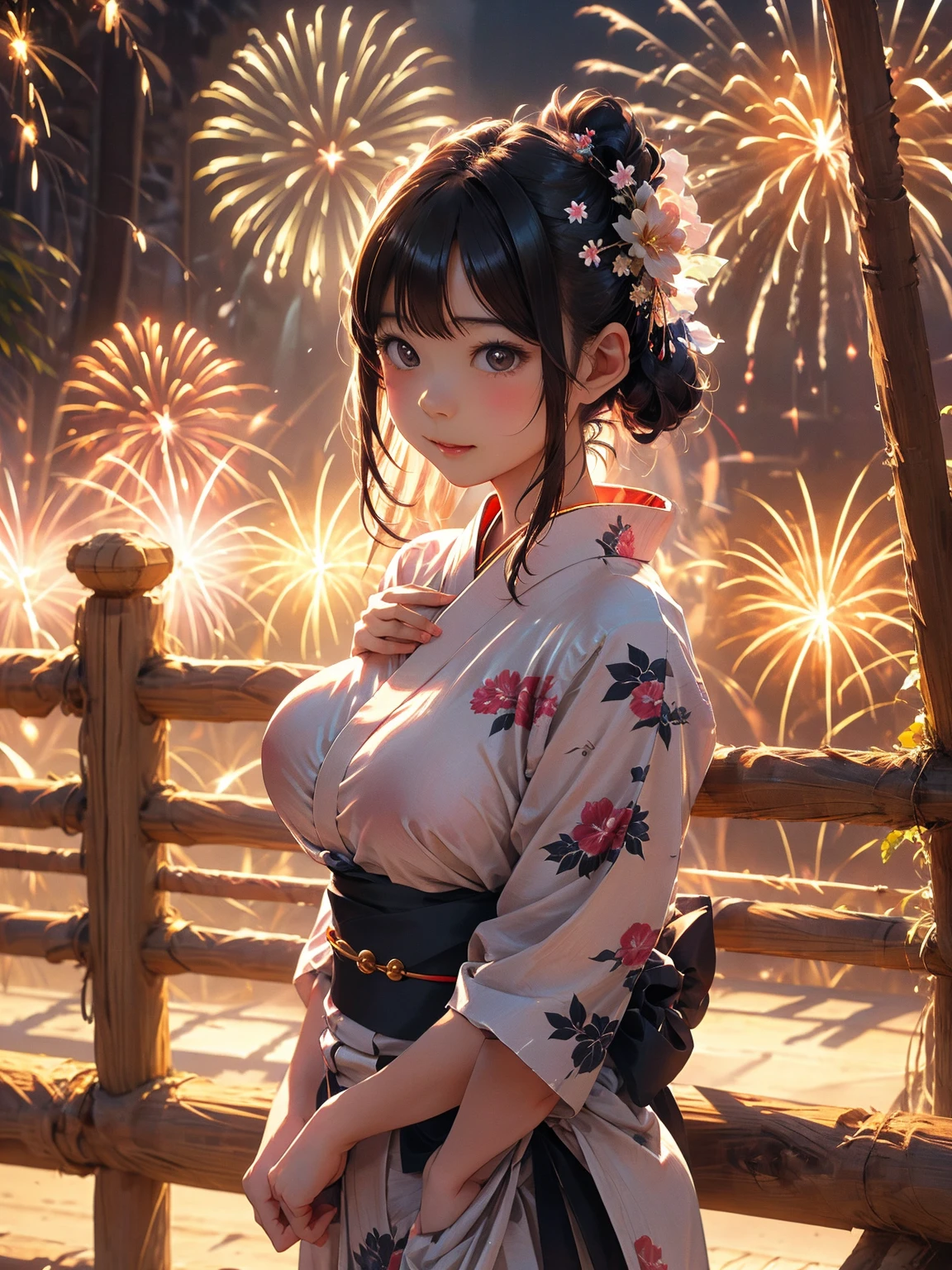The upper part of the body、one girls、greyt hair、Curly hair、Floral string bikini、Underbust、Tremendously large breasts、gravure model,Gravure Pose、Japan anime-style odd-eye,in poolside、nighttime scene、Beautiful fireworks in the night sky、 Angle looking up from below