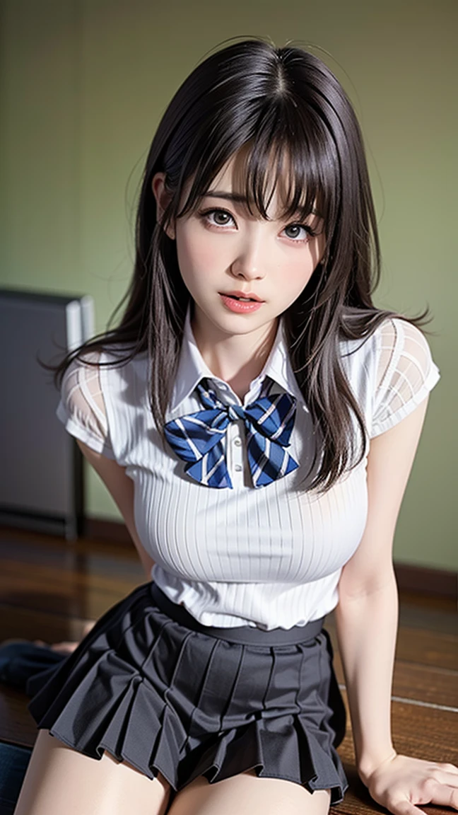 (Professional portrait、Professional Writing)、Highest quality, (Anatomically correct arms:1.3), Detailed workmanship、High resolution、(8K, High resolution:1.2)、(RAW Photos, Realistic:1.3)、masterpiece、Slim figure、High resolutionの顔、The face is in focus、High resolutionの目、(Concentration, Symmetrical pupils:1.2)、High quality and beautiful skin、Firm Skin、Natural Makeup、Gloss lips, High-definition hair texture、 Japanese schoolgirl、17 years old、(High School Uniform:1.3), (Sleep on your back:1.3), (Hold your arms over your chest:1.2), very cute, (Very embarrassed:1.2), (blush:1.1), (I am afraid:1.3), (Glaring at the camera:1.3)、(Shooting from above:1.3), Small breasts, Browsing Caution, Cleavage、Semen-covered body、Low-rise miniskirt、With her knees up, her female genitals are exposed、Exposed breasts、Exposed female genitalia、Female genitals wet with semen、