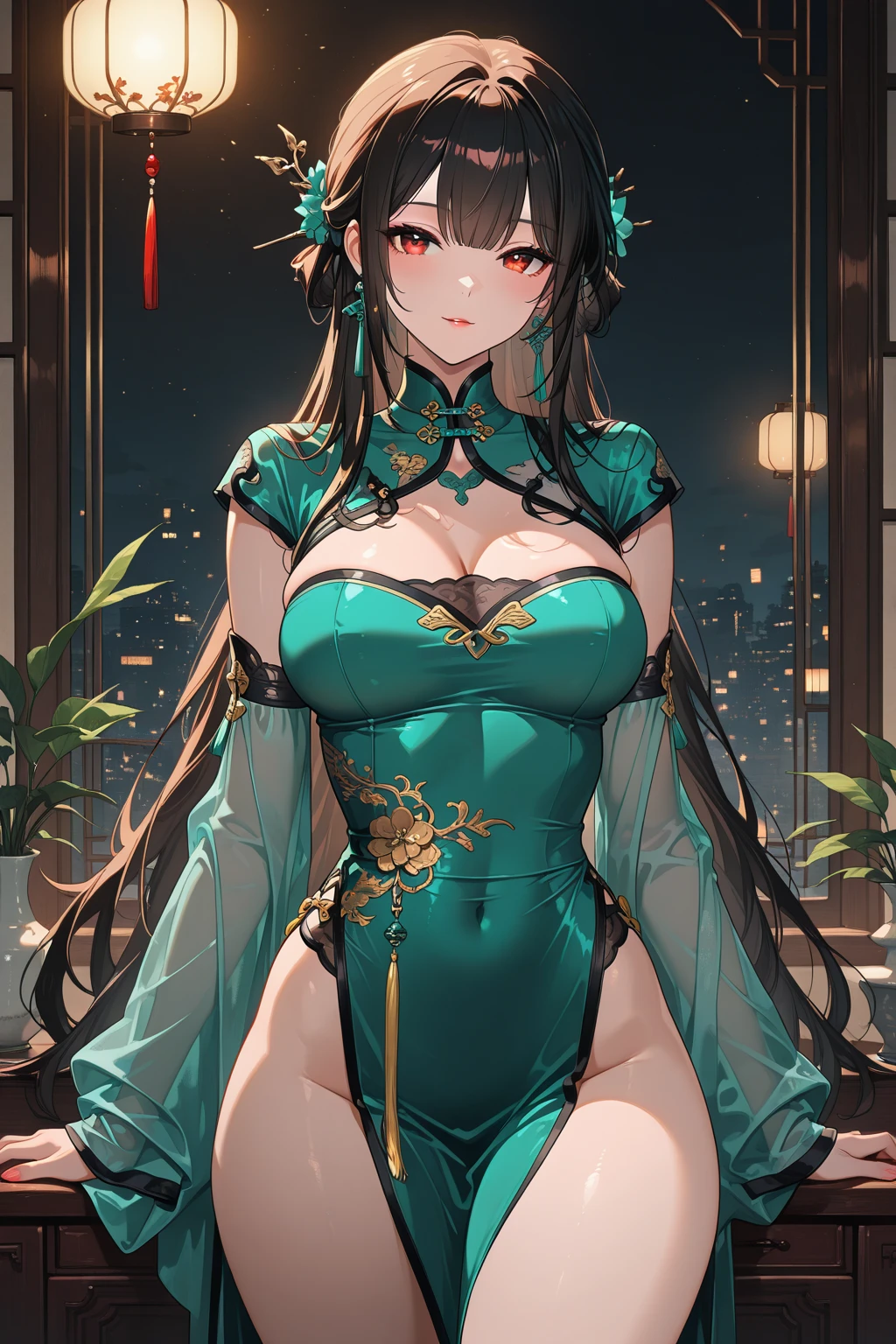 4k,High resolution,One Woman,Blue Hair,Long Ponytail,Green Eyes,Big Breasts,Ancient Chinese Princess,China dress,Black Stockings,Princess Tiara,Long sword,Ancient Chinese castles