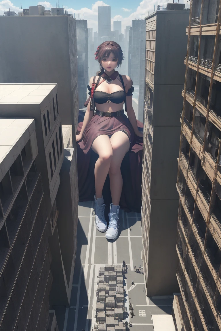 Giantess teen lesbian couple, above the city , city destruction, destroying city with breast, miniature city skycrappers background, giant lesbian Bigger than buildings,giant girls ,city Panorama