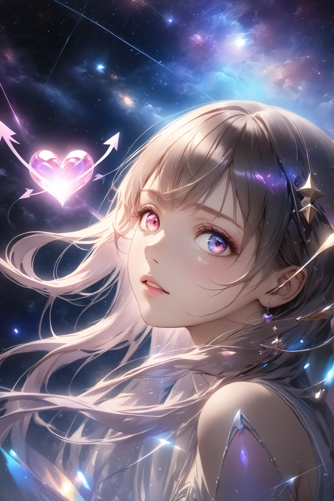 masterpiece, best quality, ultra high res, (photorealistic:1.4), heart, glowing, arrow, pierced, cosmic, starry background, magical, ethereal, soft lighting, detailed textures
