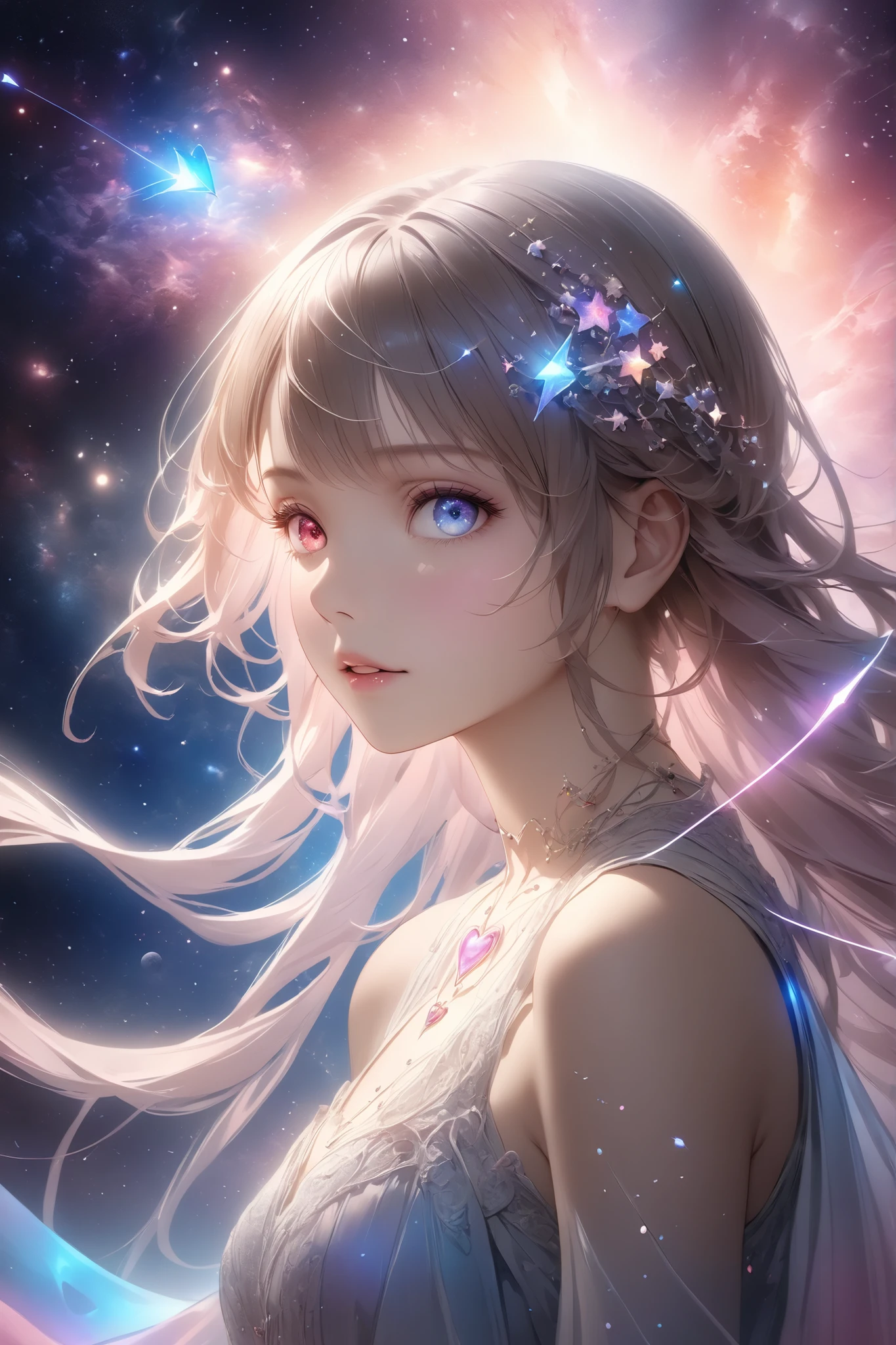 masterpiece, best quality, ultra high res, (photorealistic:1.4), heart, glowing, arrow, pierced, cosmic, starry background, magical, ethereal, soft lighting, detailed textures