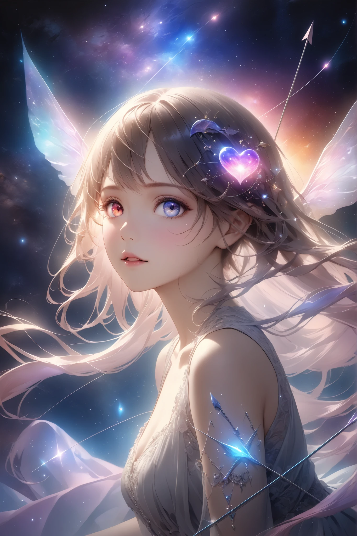 masterpiece, best quality, ultra high res, (photorealistic:1.4), heart, glowing, arrow, pierced, cosmic, starry background, magical, ethereal, soft lighting, detailed textures