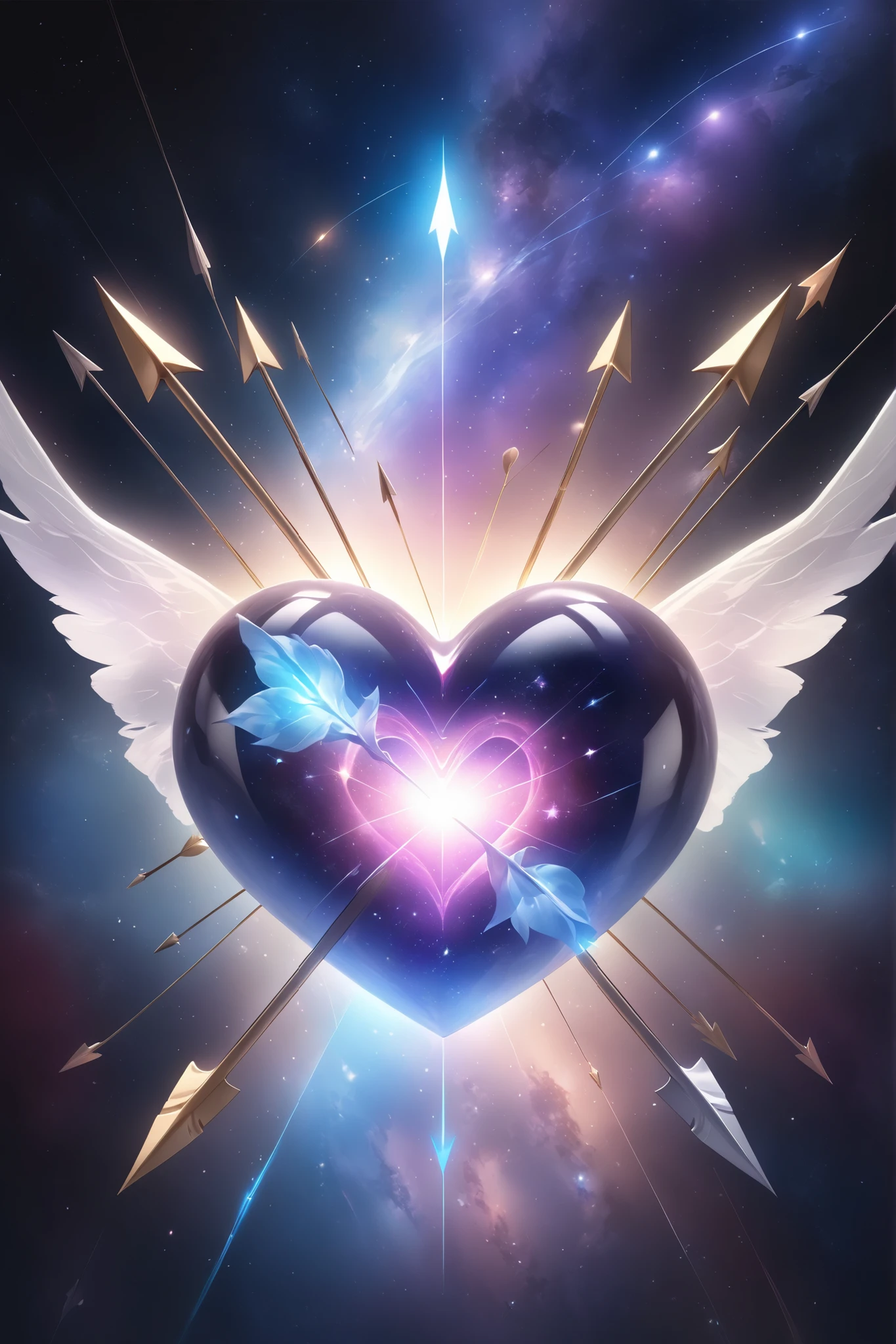 masterpiece, best quality, ultra high res, (photorealistic:1.4), heart, glowing, arrow, pierced, cosmic, starry background, magical, ethereal, soft lighting, detailed textures