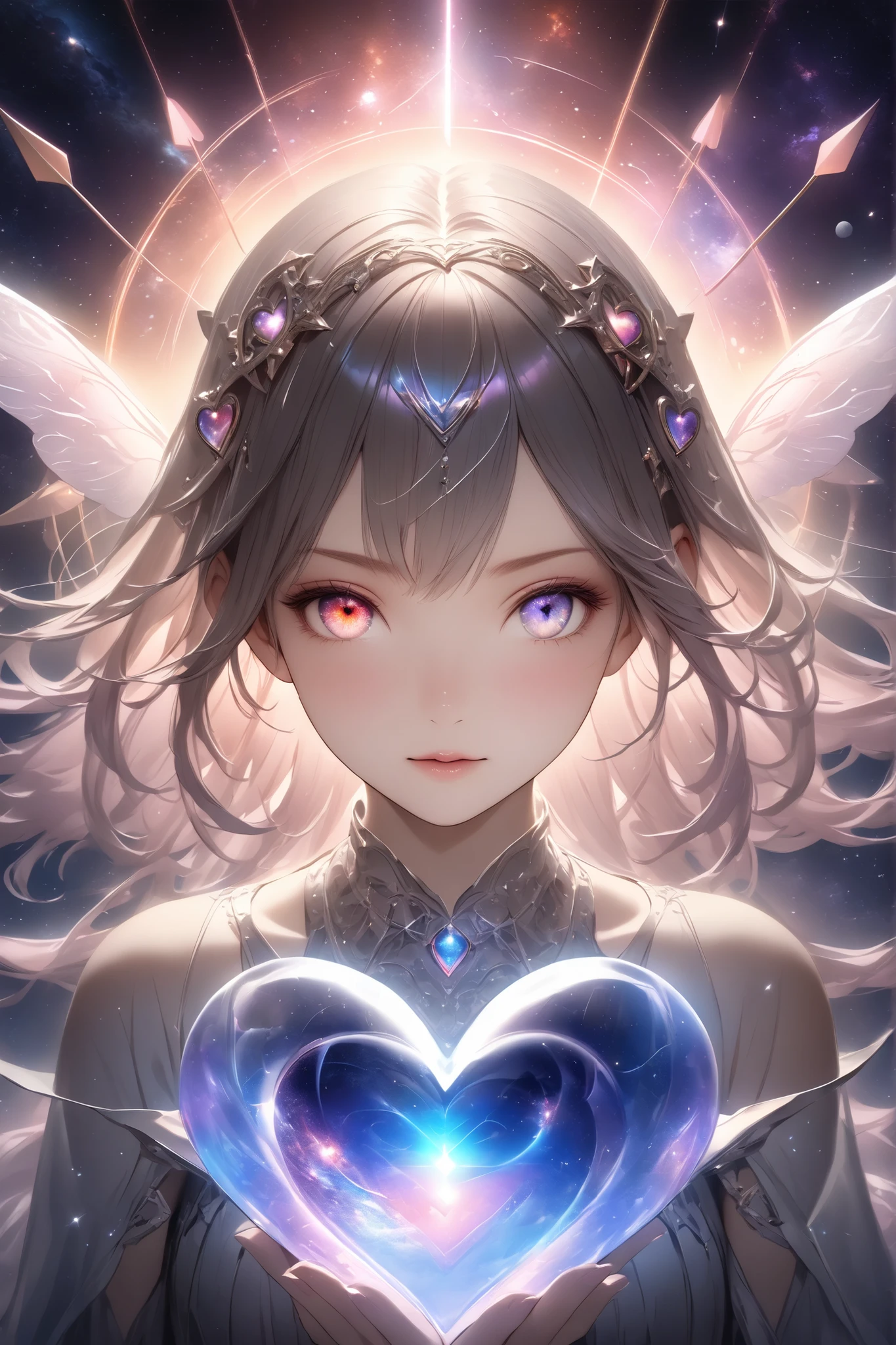 masterpiece, best quality, ultra high res, (photorealistic:1.4), heart, glowing, arrow, pierced, cosmic, starry background, magical, ethereal, soft lighting, detailed textures, Persistent Feelings