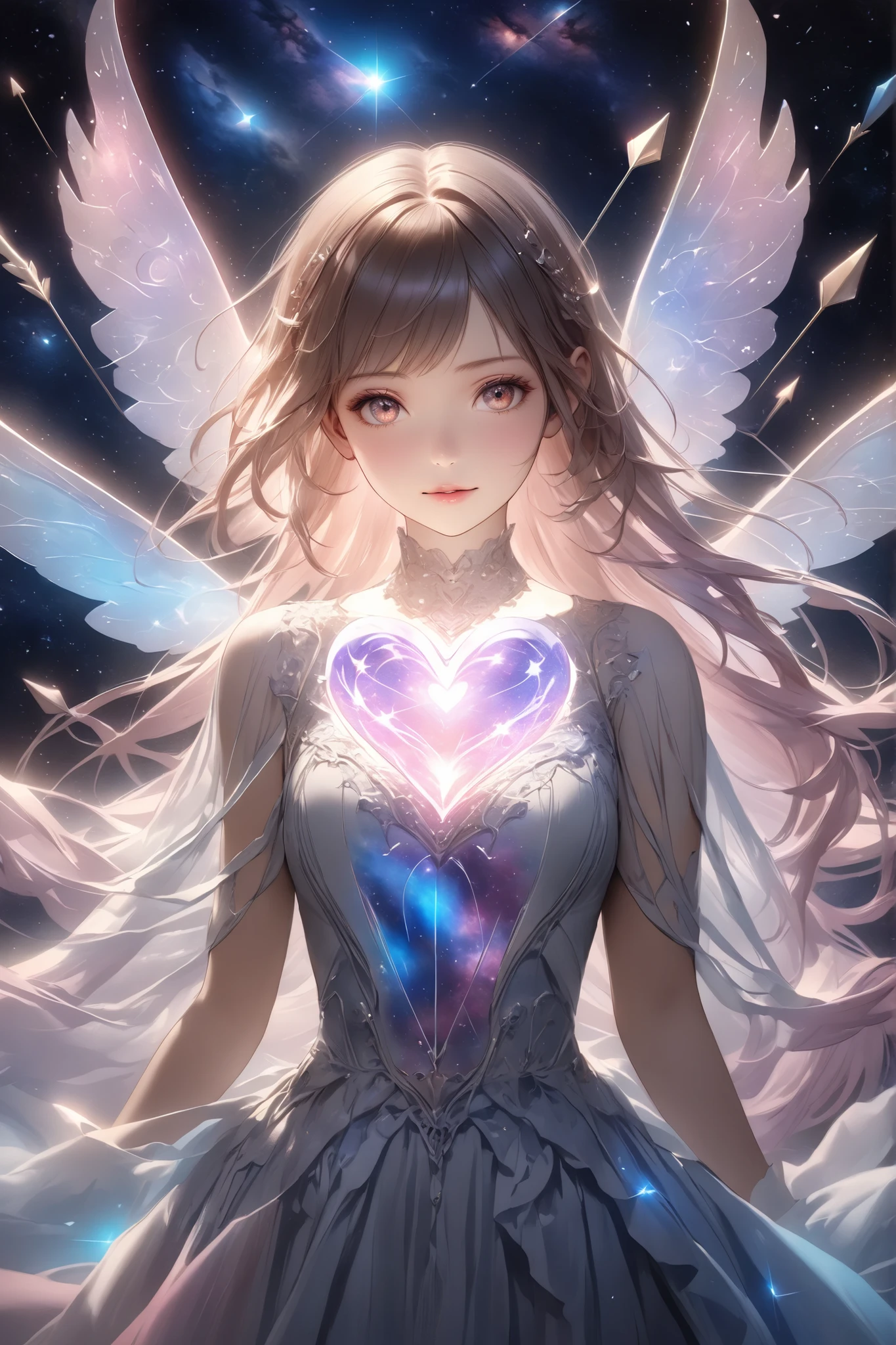 masterpiece, best quality, ultra high res, (photorealistic:1.4), heart, glowing, arrow, pierced, cosmic, starry background, magical, ethereal, soft lighting, detailed textures, Persistent Feelings