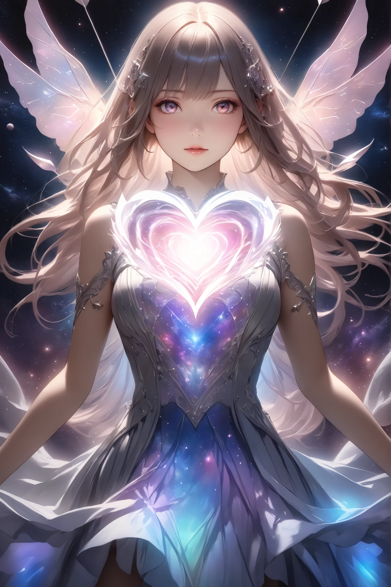 masterpiece, best quality, ultra high res, (photorealistic:1.4), heart, glowing, arrow, pierced, cosmic, starry background, magical, ethereal, soft lighting, detailed textures, Persistent Feelings