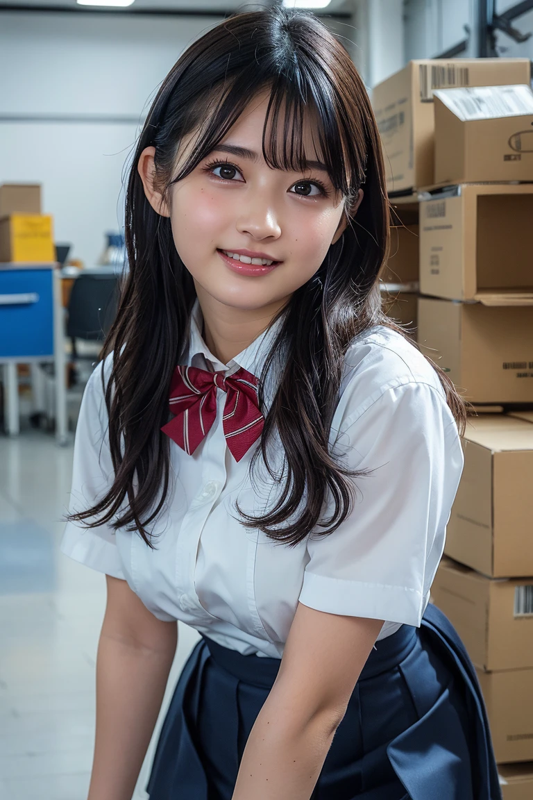 ((school uniform)),ribbon at neck,(school uniform and ((Plaid navy skirt)) and white shirt:1.1), Skin color, big , smile, (8k, RAW Photos, Highest quality, masterpiece:1.2), masterpiece, super detailed, super high quality, (Realistic and Realistic photography:1. 37), High-resolution RAW color photos, Very delicate and beautiful, highly detailed, 8k壁紙, wonderful, detailed, Very eye, very detailed, very detailed skin, very thin fingers, very detailed nose, very detailed mouth, Perfect Anatomy, Upper Body, studio, Soft lighting, A full-body shot of a cute idol wearing a one-piece swimsuit, Playful pose, Hands on hips, smile, Pastel Background, Realistic, Attention to detail, studio photography