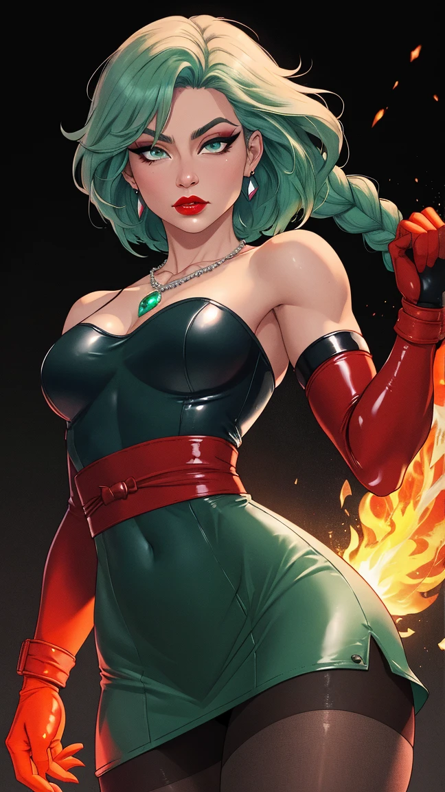 (ultra realistic,32k, masterpiece:1.2),(high detailed skin:1.1),( 8k uhd, dslr, high quality:1.1),
<lora:fire_DC_v1:0.7>fire_DC, long green hair, crop top, pants leggings, gold belt,strapless, off shoulder, headband, , <lora:add_detail:0.84>, (huge breast:1.1),
(looking at viewer, sitting, from below:1.1),,upper body,
,(tenebrism:1.1), blank background