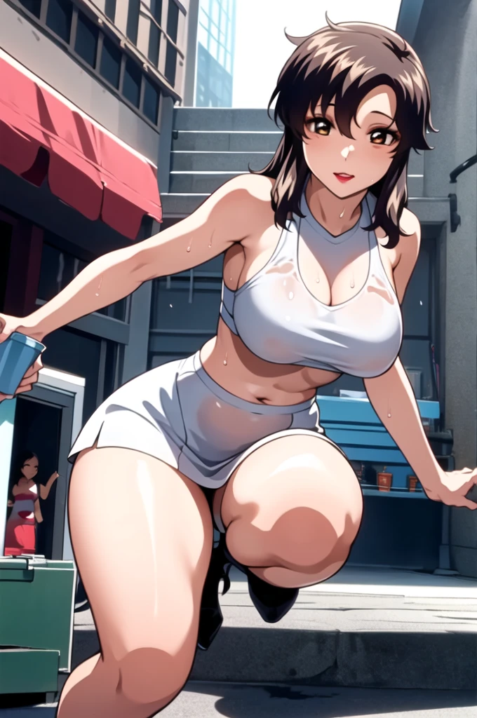 (solo), skinny girl standing in primary school, arms behind back, (very short tight brm), (thigh gap:1.2), (gym uniform), (swaying back), (show off cameltoe for viewer:1.2), (bursting huge breasts:1.2), (disproportionately huge breasts), BREAK, long (skinny legs), BREAK, school buildings in background, BREAK, nsfw, orgasm, (pussy juice), expressionless, coverd erectile nipples