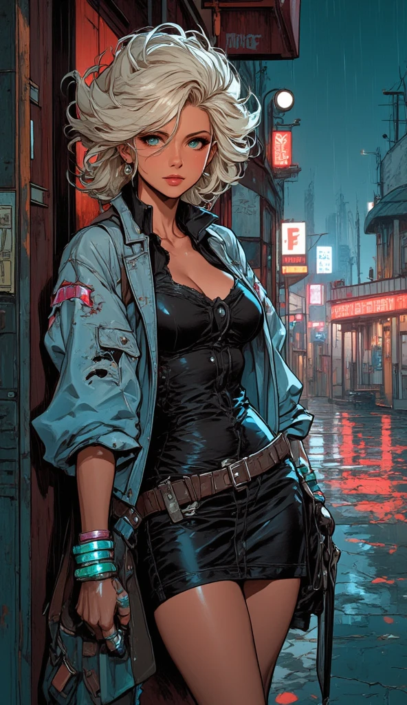Ginger Lynn vestindo um traje espacial justo branco de seda com detalhes em renda branca, futurista cyberpunk, (((corpo inteiro))) no painel de quadrinhos, corpo todo, bold lineart illustration comics, olhos azuis sedutores, parted lips, Corpo perfeito, curved, Fitness, nsfw, ao estilo de Adam Hughes, (((obra prima))), (((adulto))) Explore retro-futuristic aesthetics, highlighting your confidence and skill. In the top of building, big city night