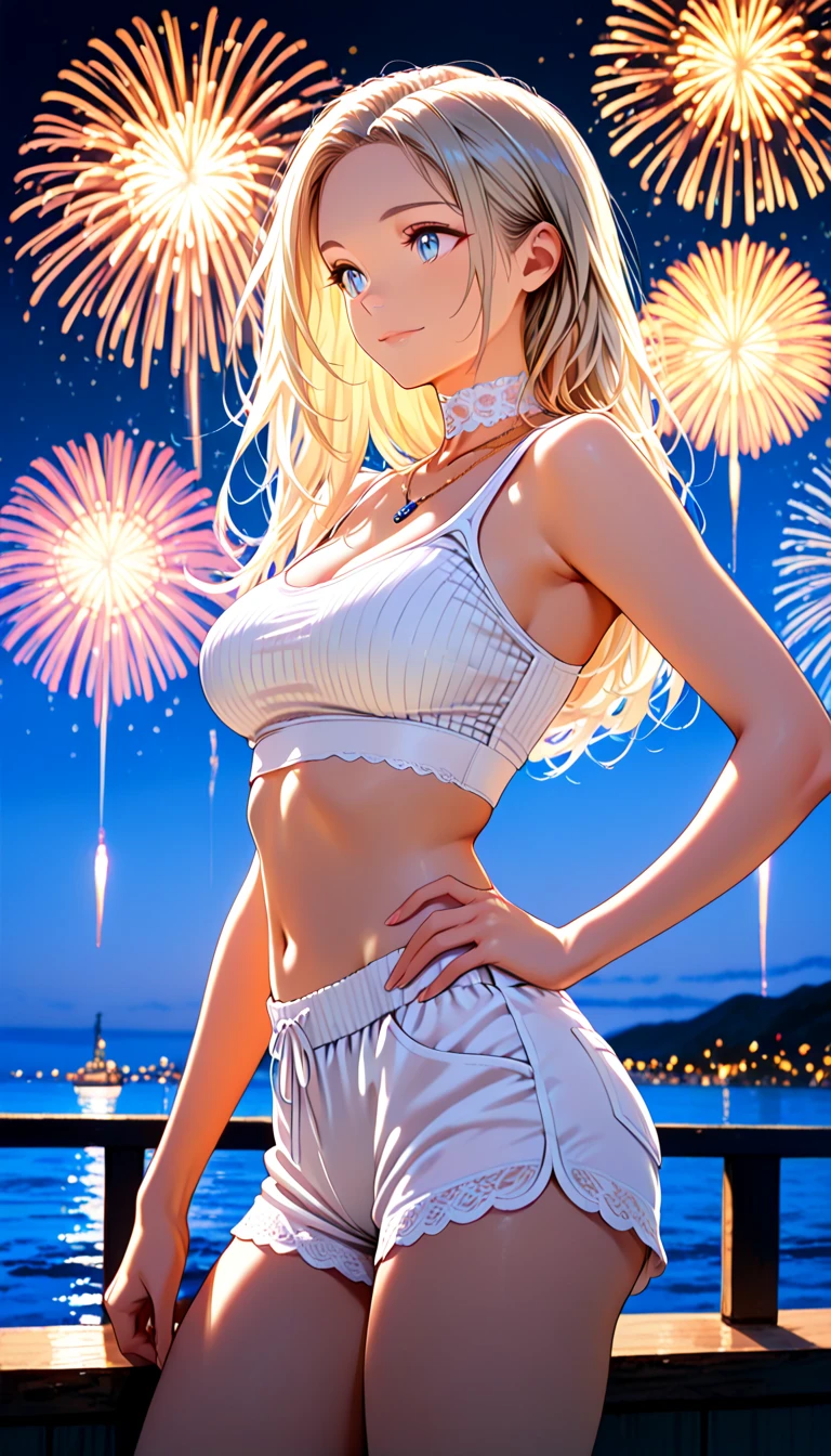 (masterpiece:1.0),(best quality:1.0), (8k wallpaper:1.0), extremely delicate and beautiful, (beautiful detailed face:1.0),1girl,narrow waist, small breast, athletic body,midriff, shiny skin,(photorealistic:1.2) ,(chinese:1.2),asian,(japanese:1.2), (blonde hair:1.3),(blue eyes:1.3), (kidmo:1.4), drawn by kidmo, (small breasts:1.2), colorful clothes, vivid colors, (fireworks:1.4), (new year:1.1), (festival:1.1), (sharp focus:1.2), (cowboy shot:1.2), long hair, (smiling:1.1), (teeth:1.1), (beige cardigan:1.2), (blue ripped jeans:1.2), bridge, overlooking lake, (water reflection:1.2), sparkling, floating particles, colorful particles, lots of fireworks