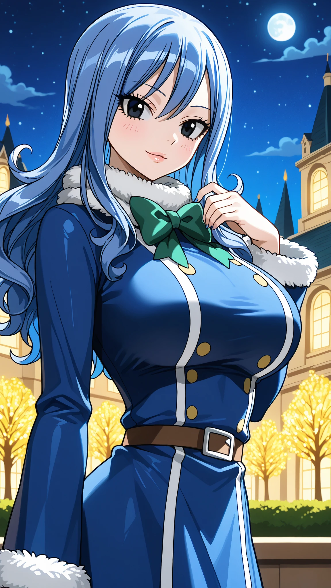1girl, solo, (Juvia_Lockser)+++, breasts, long hair, cleavage, happy, smile, parted lips, large breasts, curvy, ( hands between legs:1.3), ((masterpiece)), ((best quality)), extremely detailed illustration, depth of field, sharp focus, soft lighting, hdr, colorful, good composition, cowboy shot, (white background:1.4), transparent background, blue eyes, hat