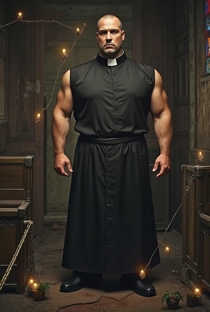 best quality,masterpiece,1boy,men,a handsome and muscular man wearing a priest's collar. The man has short,styled hair and a chiseled jawline. He is standing with his arms at his sides and a serious and focused expression on his face. The priest's collar fits him snugly,highlighting his muscular build and emphasizing his masculinity. The man exudes strength and confidence,and it is clear that he is comfortable and at ease in his surroundings. The combination of the priest's collar and muscular physique give the man a unique and attractive appearance.,Neoclassical,religious building,glass,