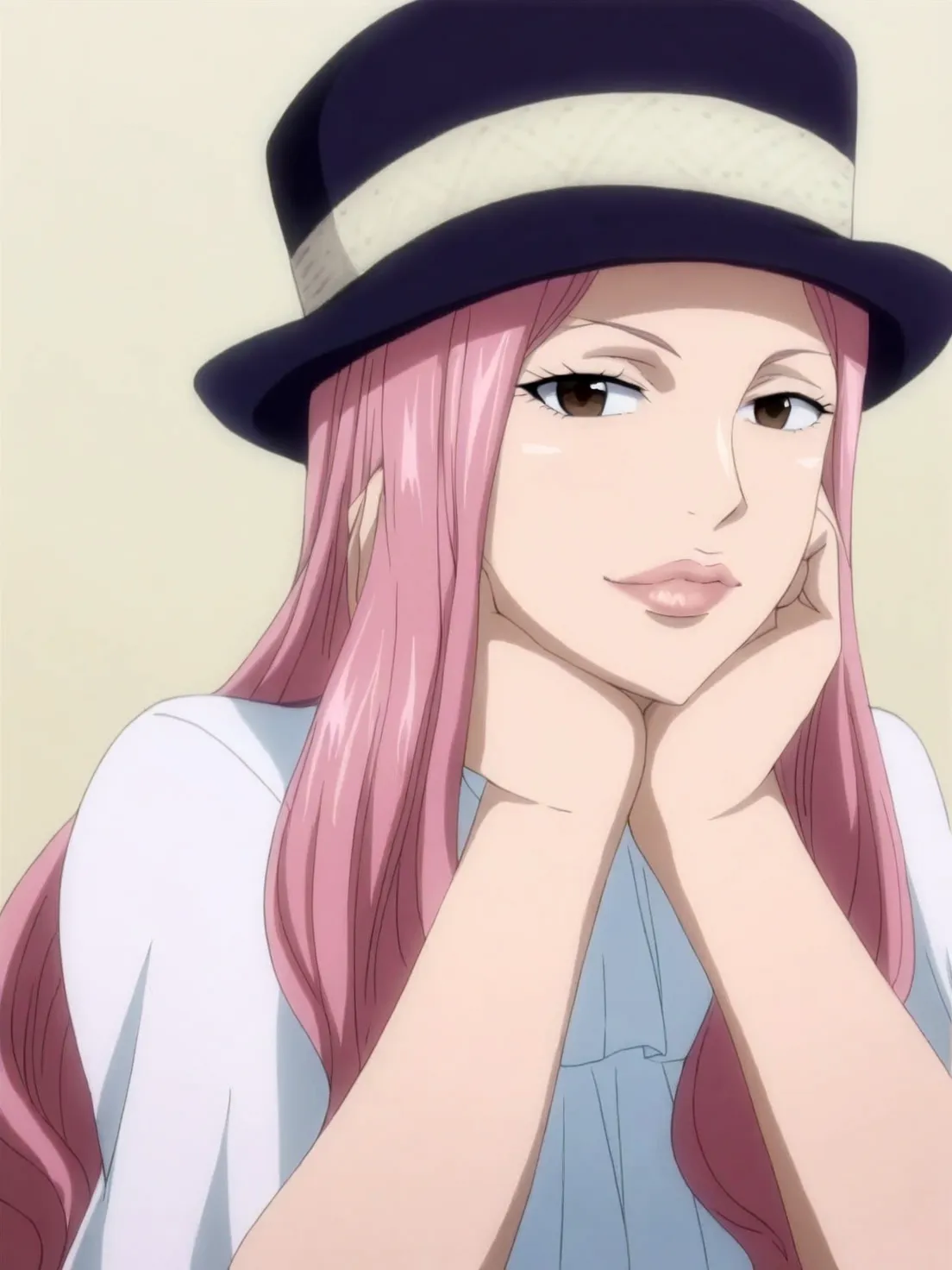 1girl, sunglasses, solo, hat, lipstick, red lips, long pink hair, aqua eyes, dress, plunging neckline, makeup, monochrome, white background, earrings, cleavage, jewelry, upper body, spot color, hair over shoulder,dark theme,shiny,shiny skin,milf,(mature japanese female:1.2), 

