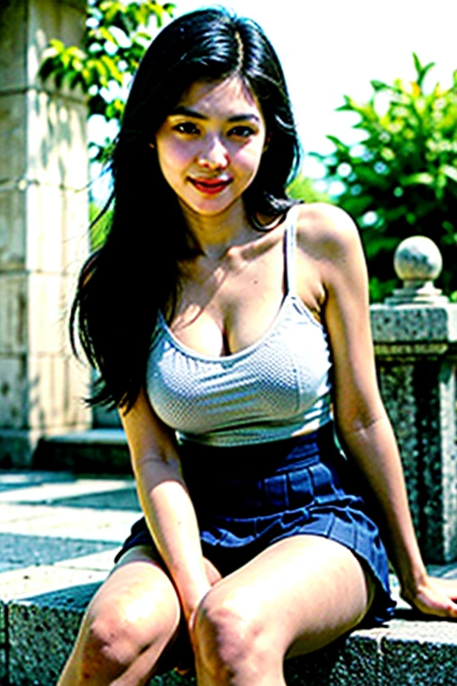 Browsing Caution, 8K RAW Photos, highest quality, masterpiece, Ultra-high resolution, Film Grain, movie, One girl, View your viewers, Natural skin texture, Realistic eye and facial details, full lips, lipstick, (compensate), smile, Close your mouth, beautiful foot, Skinny, slim_foot, alone, Cleavage, Pose with your butt facing towards yourself, Super short skirt, teeth, shirt, Beautiful natural place, around flowers location, (Detailed Background), Plaid skirt, white shirt, Huge breasts, Cleavage, Show a little Cleavage through the shirt, loafers, Blurred background, Blurred, Holding, Plaid, Short sleeve, JK Ribbon on the neck, JK Ribbon, Brown Hair, bracelet, water, bangs, , jewelry, parted lips, lips, From the side, Pleated skirt, Depth of written boundary