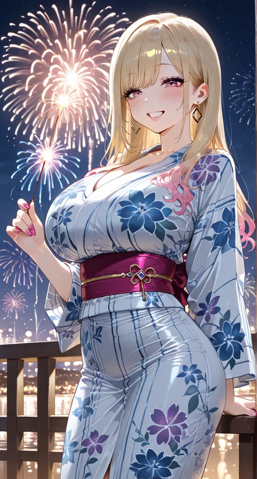 ((One personの女性)), Beautiful Face, Laughing embarrassedly,((Wink:2.0)),Laugh with your mouth wide open,((Red cheeks:1.4)),Glossy pink lips,night,rooftop,Festive decorations,You can see the ocean, firework,((Anime style background)),masterpiece, Highest quality, so beautiful, Latest, Complex details, (Pink long nails),(ring),(flower bracelet),Floral choker,AI-generated, Complex,High resolution, Highest quality, super high quality,3D Images、View your viewers、3D Images,One person,Long blonde hair,High Ponytail,Turquoise Eyes,Anime woman posing for a photo, (Fine grain,Colorful eyes,Shining Eyes:1.3),(Squint your eyes:1.1),a hyperRealistic , hyperRealistic , Realistic,Blonde anime woman with long hair, Smooth anime CG art, A woman in a colorful kimono with gold embroidery, (Pink long sleeve kimono),Red floral pattern,Long flower hair ornament,Large floral earrings,(ring),(Big Breasts:1.2),Mature Body,Tall,Big Ass,Narrow waist,Abdominal muscles,(Zoom in on face:1.5),Shooting from below at an angle