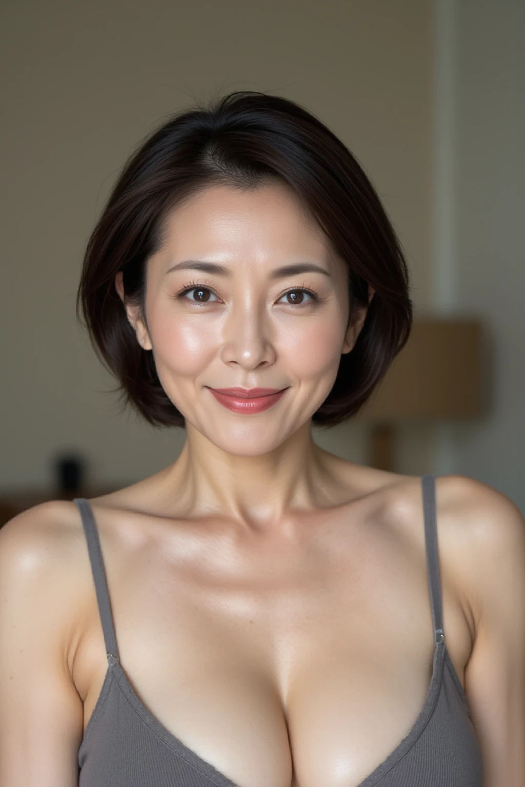 Japanese, Short women, Physical build, Short arms, Long, narrow eyes, Fleeting atmosphere, 40-year-old woman, Brown Bob Hair, ((Thin lips)), lingerie, Pieces fly, Highest quality, Detailed skin, Fine grain, ,8K, Excellent anatomy, Upper body portrait、gray plain background,Bright smile、Large Breasts