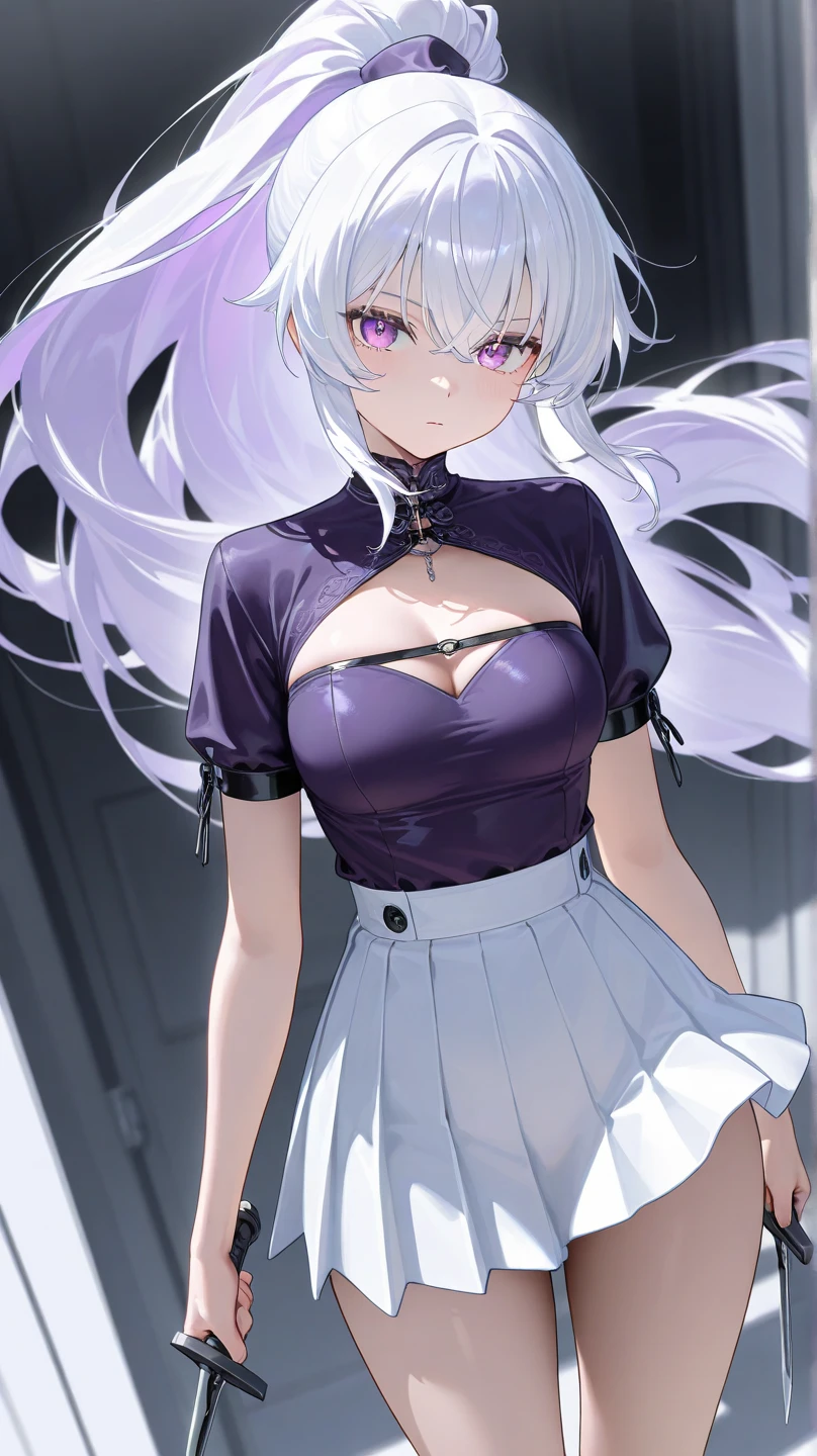Masterpiece, best quality, high quality, ultra detailed, Original Character, 8k, Masterpiece, Best Quality, Detailed, Beautiful Detailed Eyes, cinematic composition, 16 years old, 1vampire girl, solo, pink eyes, white hair, long hair,((hair over one eye)),(((white skin like a vampire, pale skin, colored skin))), sharp teeth, large breasts,(white mini tank top, white mini skirt),cleavage,(bare belly, bare navel),(pink halo),white collar, elf ear, blush, ((standing in front a stones ruins in night, cutes ghosts around)), night, white skin, colored skin, crazy Eyes, Crazy Smile, Shaded Face, yandere, yandere, teeth, closed mouth, cowboy shot