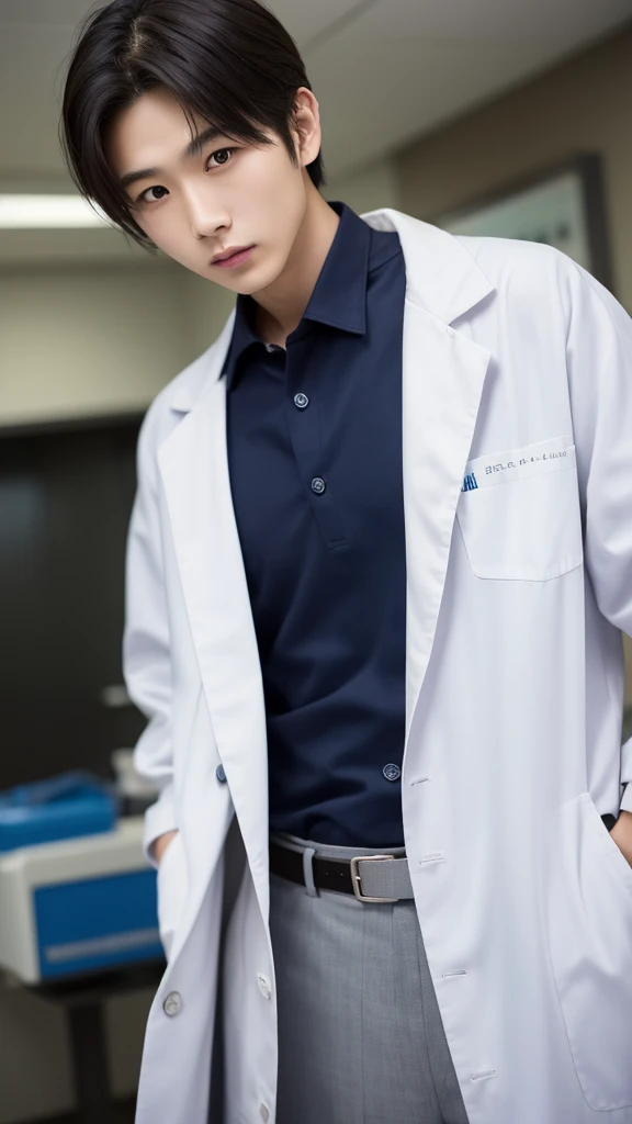A young male twink, cute, beautiful, feminine, with a beautiful face with makeup, black hair, and his eyes have dark circles under them. He is wearing a long-sleeved aquamarine shirt and white jeans. He is in medical school, studying on a blackboard with brain  written on it.