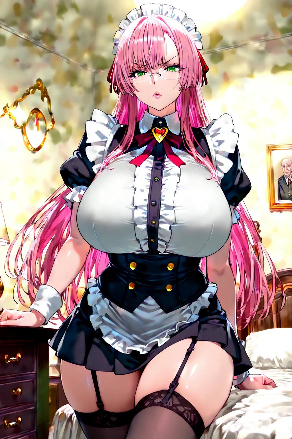 (Masterpiece, A high resolution, Best quality:1.3), 8K, Highly detailed, Intricate, Colorful, vibrant image, Sharp focus, digital blending, 4K, Popular on Pixiv Ingrid, ((the maid outfit)), Solo, Mature female, 40yo, A MILF, Curvy, (dark skinned female:1.15), Dark skin, posing on a, Classroom, Table, chair, Sitting, (Expressionless:1.2), view the viewer, Cowboy shot, Pink hair, Very long hair, Forehead, hair intakes, Purple lipstick, Makeup, Moles under the mouth, Yellow eyes, Perfect eyes, Perfect face, ultra detailed hair, hyperdetailed face, Earrings, Ultra-detailed lips, Large breasts, Ultra-fine lipstick,