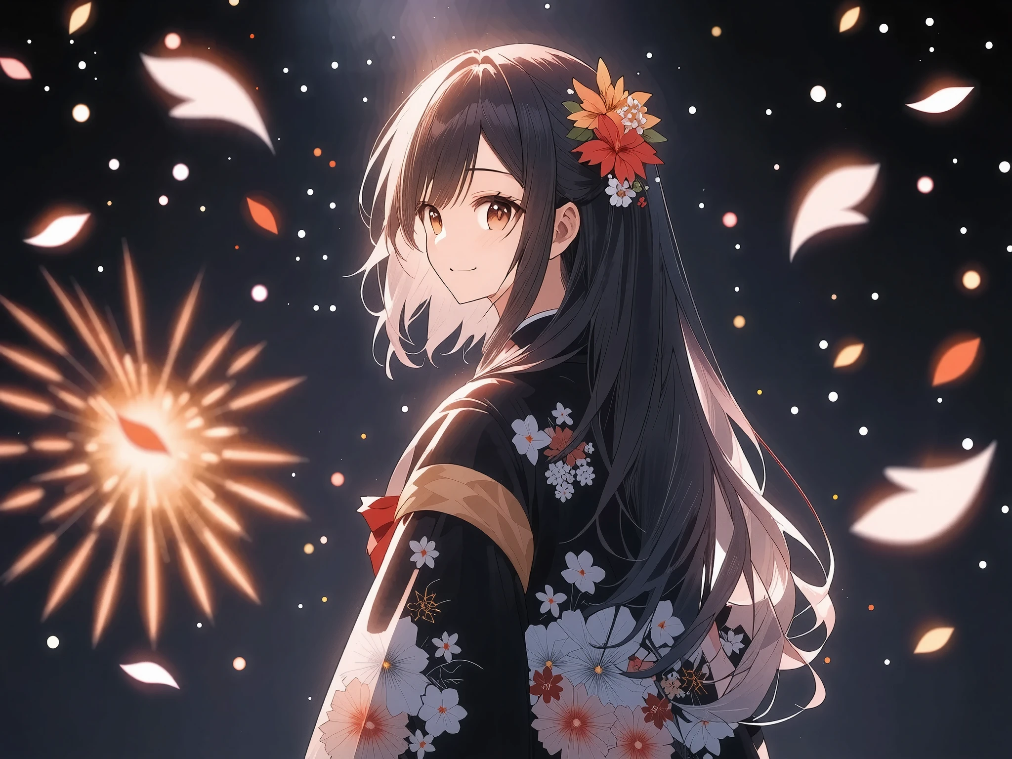 ((illustration, ultra-high detailed, Japanese anime style,   Shinkai Makifu , Beautiful lines, golden ratio full body composition, CG Unity, wallpaper, Fireworks Festival), break ( Beautiful Adult Women, Wearing a Japanese Kimono,  Smile at You , Strongly Willed Gaze, Clear Eyes, full of hope, Aesthetic Realism Colors, Hand with 5 fingers, foot with 5 toes), from side, break (artgrapy style background, The warm arrival of spring, Aesthetic thaw, Beautiful lines, Sharp lines, without distortion, best composition), break 新しい季節の訪れ, black background representing old struggles, aesthetically shining black like lacquer, Expression of melting snow that washes away, attractive contrast between black and white, break 被写体を強調する柔らかな煌き, Dramatically penetrates the light clearly illuminates the desired signpost, extremely transparent dramatic indirect lighting, break \encourages new challenges sakura blizzard,\ Please increase the sharpness of the lines, The background is a vivid dark tone, Note the vivid colors, break 表現力の高い詳細な髪, Traditional hair ornaments made in Japan, It adjusts the overall balance, high contrast), carefully draws intricate details, Nice quality, (((Girls' Fireworks Festival)))
