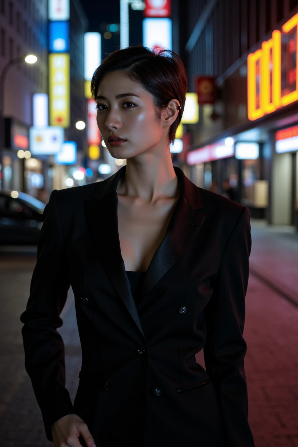gorgeous young woman, short black hair, eyes browns, empress,pleated skirt suit,street lamps,neon,busy street background,(へそ:1.1,princess eyes), nobility, royaltly, high qualiy, work of art, highy detailed