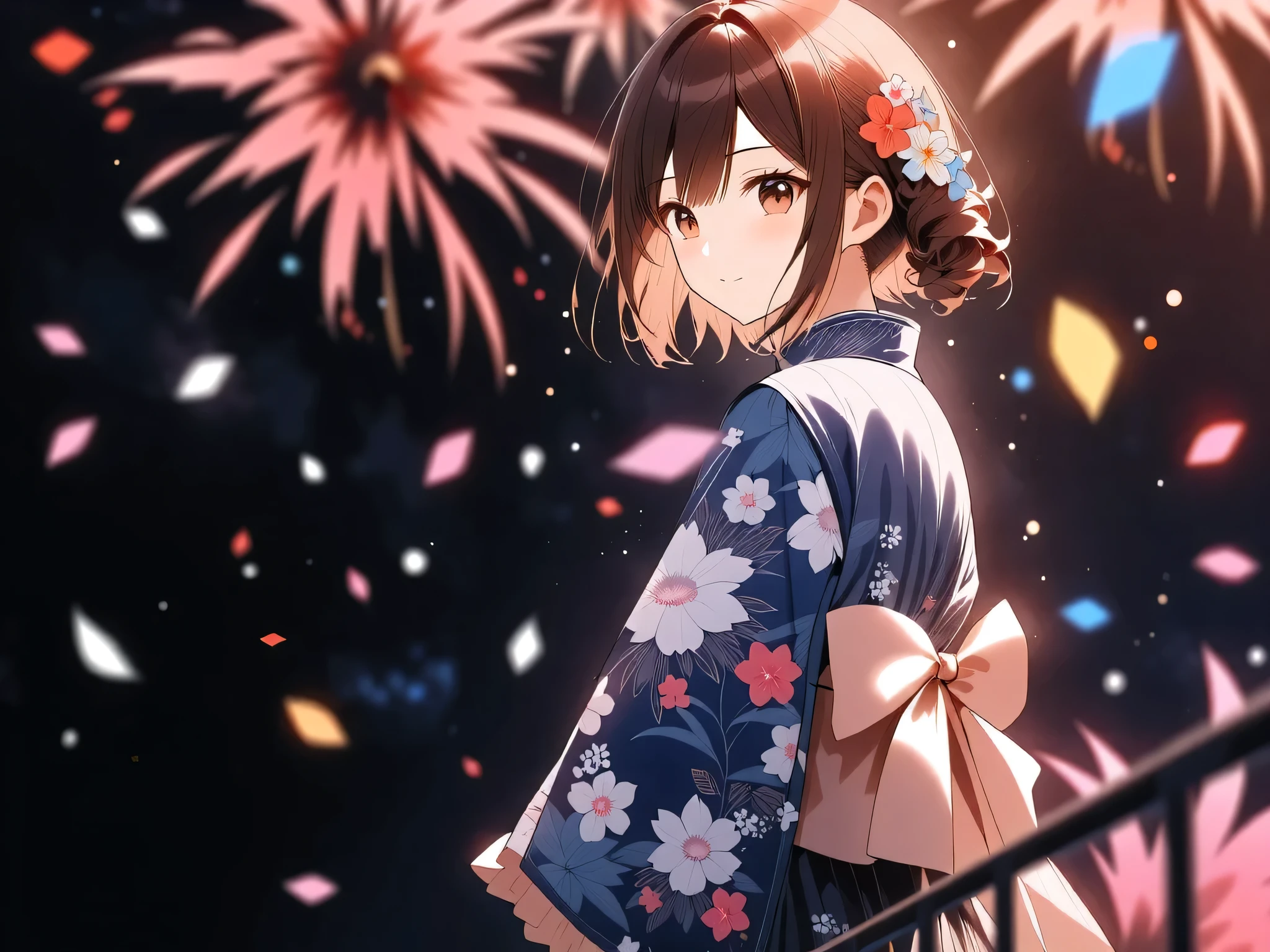 ((illustration, ultra-high detailed, Japanese anime style, Shinkai Makifu , Beautiful lines, golden ratio full body composition, CG Unity, wallpaper, Fireworks Festival), break ( Beautiful Adult Women, Wearing a Japanese Kimono, Smile at You , Strongly Willed Gaze, Clear Eyes, full of hope, Aesthetic Realism Colors, Hand with 5 fingers, foot with 5 toes), from side, break (artgrapy style background, The warm arrival of spring, Aesthetic thaw, Beautiful lines, Sharp lines, without distortion, best composition), break 新しい季節の訪れ, black background representing old struggles, aesthetically shining black like lacquer, Expression of melting snow that washes away, attractive contrast between black and white, break 被写体を強調する柔らかな煌き, Dramatically penetrates the light clearly illuminates the desired signpost, extremely transparent dramatic indirect lighting, break \encourages new challenges sakura blizzard,\ Please increase the sharpness of the lines, The background is a vivid dark tone, Note the vivid colors, break 表現力の高い詳細な髪, Traditional hair ornaments made in Japan, It adjusts the overall balance, high contrast), carefully draws intricate details, Nice quality, (((Girls' Fireworks Festival)))