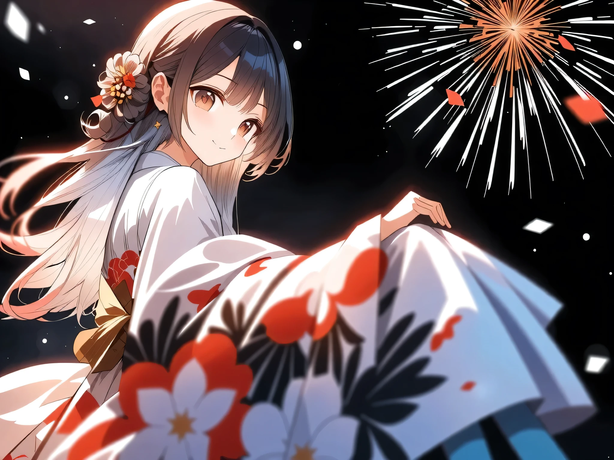 ((illustration, ultra-high detailed, Japanese anime style, Shinkai Makifu , Beautiful lines, golden ratio full body composition, CG Unity, wallpaper, Fireworks Festival), break ( Beautiful Adult Women, Wearing a Japanese Kimono, Smile at You , Strongly Willed Gaze, Clear Eyes, full of hope, Aesthetic Realism Colors, Hand with 5 fingers, foot with 5 toes), from side, break (artgrapy style background, The warm arrival of spring, Aesthetic thaw, Beautiful lines, Sharp lines, without distortion, best composition), break 新しい季節の訪れ, black background representing old struggles, aesthetically shining black like lacquer, Expression of melting snow that washes away, attractive contrast between black and white, break 被写体を強調する柔らかな煌き, Dramatically penetrates the light clearly illuminates the desired signpost, extremely transparent dramatic indirect lighting, break \encourages new challenges sakura blizzard,\ Please increase the sharpness of the lines, The background is a vivid dark tone, Note the vivid colors, break 表現力の高い詳細な髪, Traditional hair ornaments made in Japan, It adjusts the overall balance, high contrast), carefully draws intricate details, Nice quality, (((Girls' Fireworks Festival)))