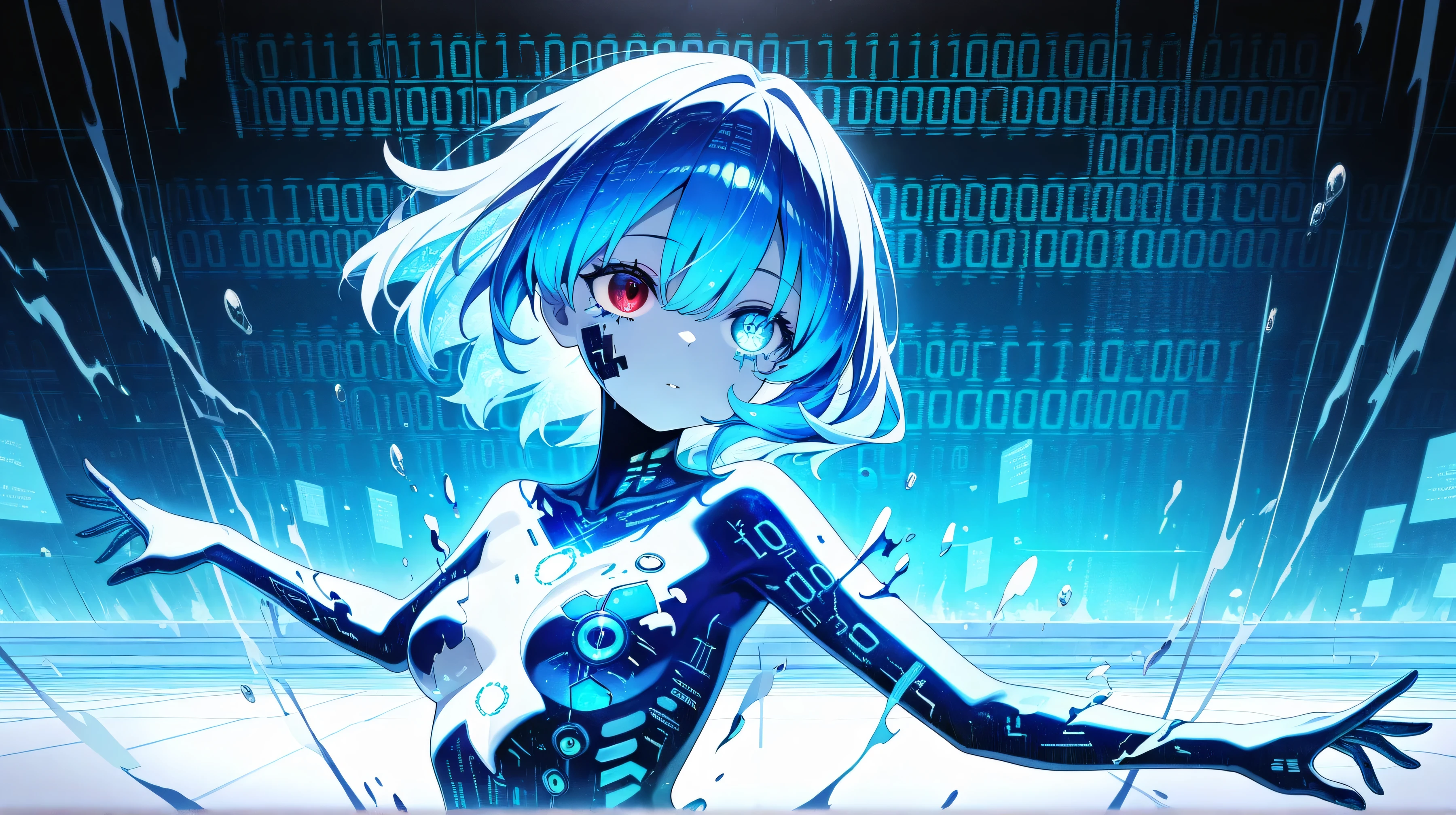 fussion of Fluid abstract art and (glitch:1.2),1girl, illustration,double exposure,glitch hair,fussion of glitch and hair,simple background,white background,small breasts,(2d:1.3),iridescent hair,flat chest