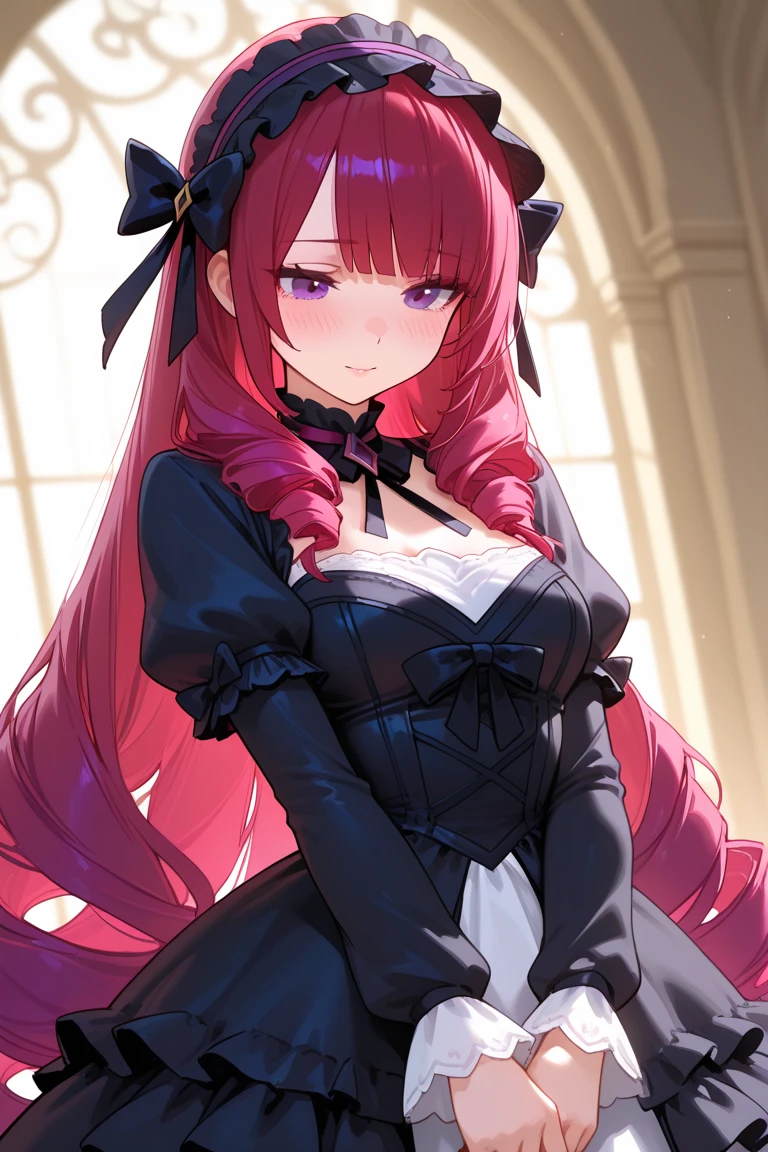 slender, mature female, 1girl, rating:safe, gloves, breasts, earrings, elbow_gloves, dress, long_hair, jewelry, flower, red_hair, solo, black_gloves, rose, cleavage, red_eyes, smile, looking_at_viewer, red_flower, red_rose, navel, large_breasts, black_dress, indoors, bare_shoulders, navel_cutout, very_long_hair, veil, light_particles, red_dress, bangs, eyebrows_visible_through_hair, blush, center_opening, sleeveless, blurry, hair_flower, closed_mouth, hair_ornament, sleeveless_dress, lace, petals, hand_up, hair_between_eyes, standing, black_rose, black_flower, brooch, rose_print, light_rays, depth_of_field, necklace