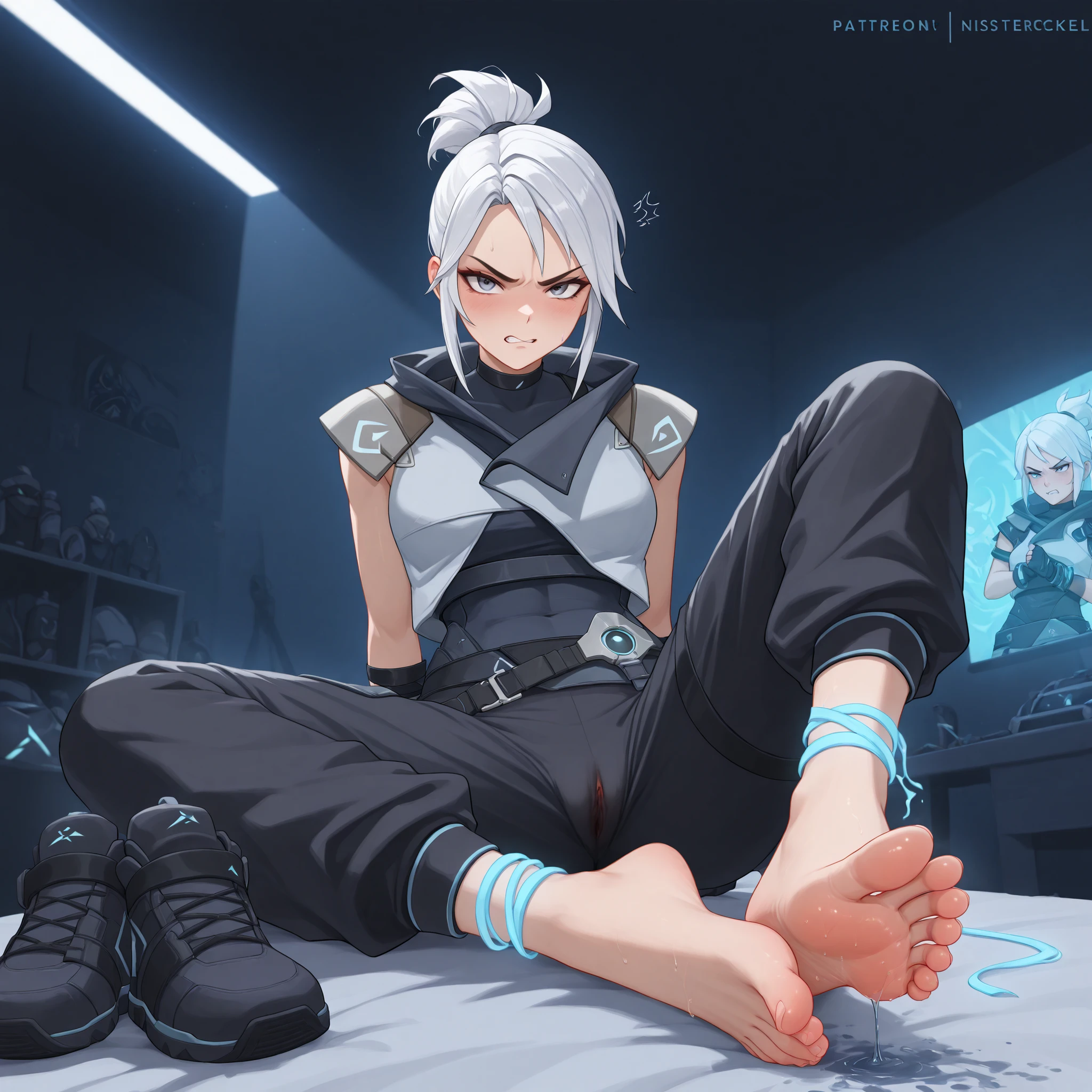 , Bodysuit, kurze Jacke, Kapuzenjacke, fingerless gloves, looks at the observer
masterpiece, best quality, feet, showing stinky Schuhe to viewer as she sadistically burps, 1 girl, (Valorand Jett), she is tied and fixated with several latex straps, wird gekitzelt, Bauchnabel kitzeln, Achseln kitzeln, Seil bondage, she is in her gaming room, sex Spielzeuge, (nichts sexuelles), she tries to free herself, she rubs on her shackles, sie stengt sich an, she is tickled by a tickle machine (kizel Folter), Meisterwerk, very aesthetic, Fotorealistisch, 8K, ultra-detailliert, cinematographic lighting, dramatic shadows, komplexe Details, lebendige Farben, Realistisches, white hair, she is wearing shoes,
short ponytail, she is exhausted, Angry, errütet, Pussy liquid, Speichel, look at the viewer, Windspuren, feet towards Kamara, beautiful feet, perfect feet,