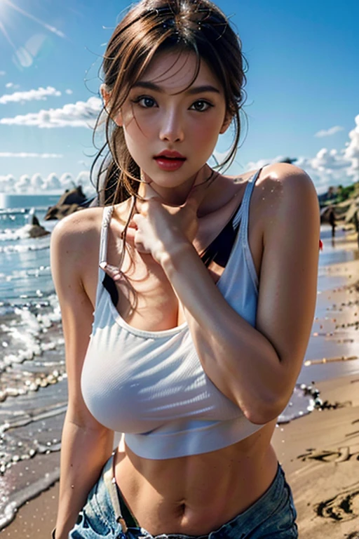 Photorealistic 1.4, ((Best Quality, 8k, Masterpiece: 1.5)), Sharp Focus: 1.2, 20 years old, cleavage, sweat, big, big ass, bodybuilder, smile, brown hair, long hair, k-pop idol, dynamic angle, girl, solo, muscle, abs, thick arms, thick legs, white t-shirt (wet: 1.4), detailed eyes and skin, striking shadows, sleeping in bedHighest ratio, 4 fingers and 1 thumb