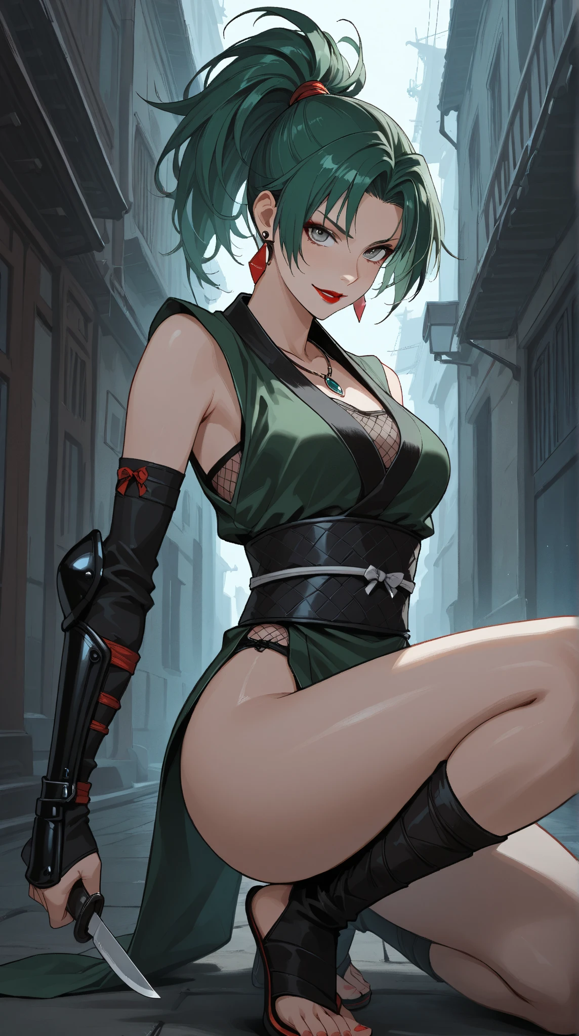 anime style, 1girl, woman, (honey kunoichi:1.3), (blush:1.3), bright peru eyes, pose,, bombshell hair, infra color:darkseagreen and violet hair with crimson highlights, French Braid, slim figure, narrow waist, tight ass, medium breasts, caucasian, elf, Troll Bridges<lora:EnvyElfXL02:1>