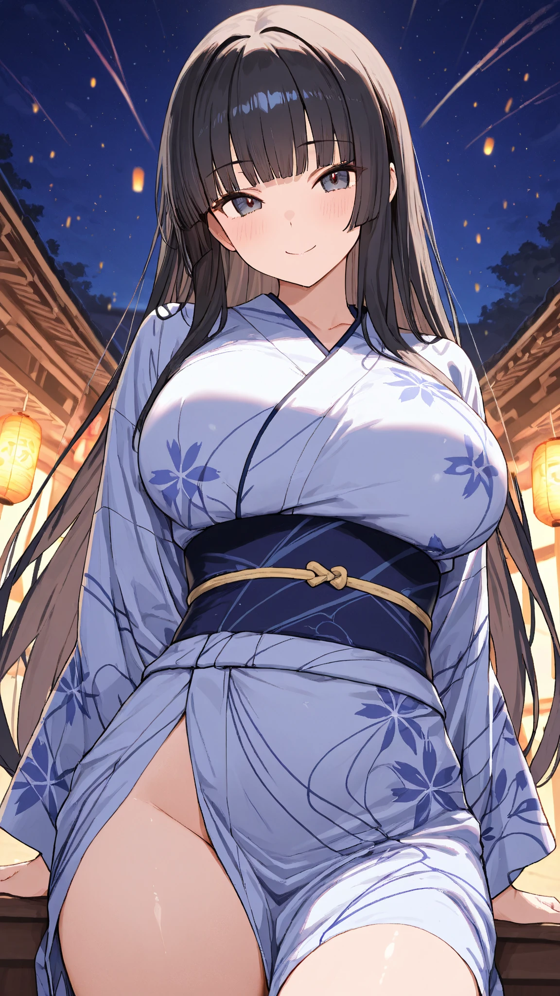 High resolution,masterpiece, Highest quality, Kuo Shenlin , heterochromia , Brown hair, smiling , (((nsfw))) , (((busty))),1girl, sensual body, Her cheeks flushed , kimono , night , japanese festival , maturi 
