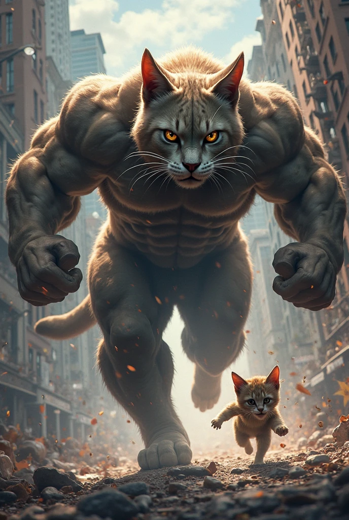 a giant communist cat destroys a city (art inspired in Bill Sienkiewicz). oil painting)