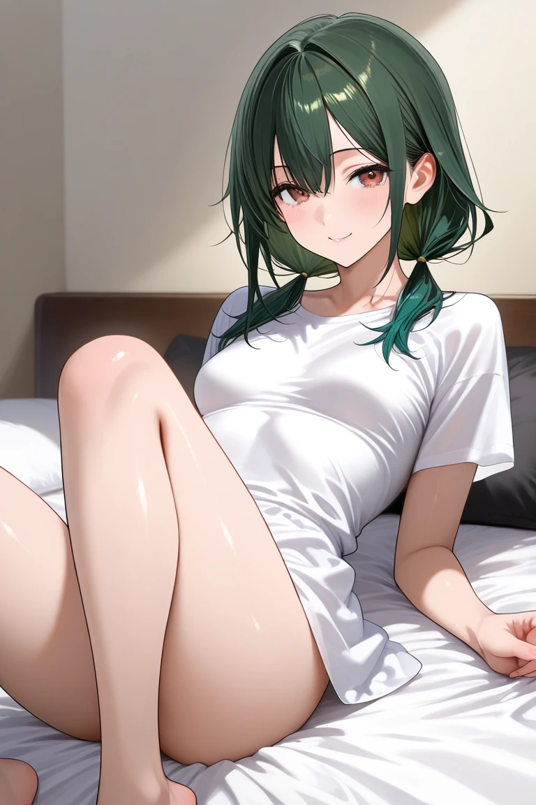 4kquality, 最高quality, , A little big_chest,)On the bed 16Year Sexy pose Fascinating Sweating profusely Soaking wet Torchlight Beautiful feet Beautiful Abs Close ~ eyes Feeling Face like Pee, Green Short Hair,naked,Red swollen pussy,まんこからlike液が吹き出す,少し大きいchest, (Ahegao:1.4)Raise your arms,Show your side