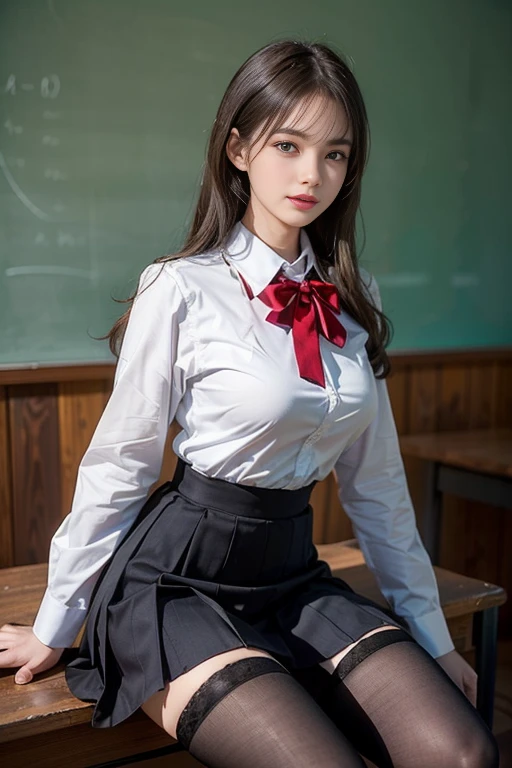 (1young girl), extremely beautiful, extremely cute, Amazing face and eyes, makeup, (extremely detailed beautiful face), High school uniform, mini skirt, (High school uniform wide open breasts), Beautiful breasts, (Best Quality:1.4), (Ultra-detailed), (extremely detailed CG unified 8k wallpaper), Highly detailed, raw photos, Professional Photography, cinematic lighting, indoor, School, classroom, sitting, spread legs wide open, (no panties:1.4), (Bokeh), depth of fields,