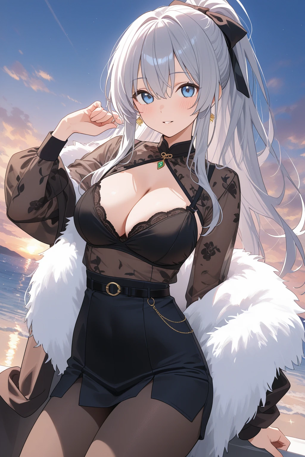 Pirotess dark elf. 1girl, white silver long hair, tellow eyes, white dress, black stockings, white high heels, jewelry necklace, fur coat, portrait