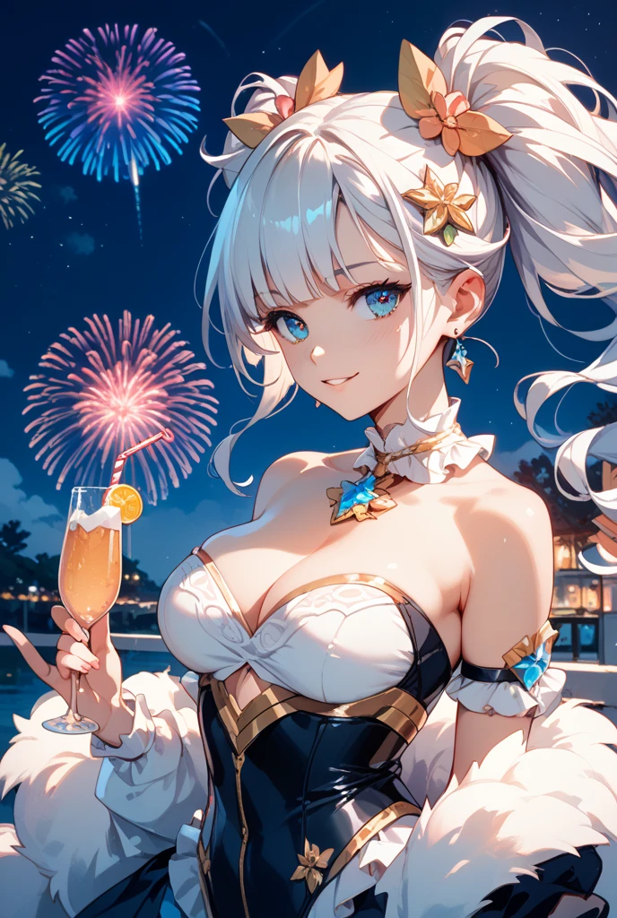 ((worst quality, low quality)), girl, solo, (budweiser Girl), ((big breasts)), ((Budweiser Pattern One Piece)), ((long silver hair)), hair over one eye, plump glossy lips, beautiful clear eyes, spoken heart, fishnet Tights, embarrassed, leaning forward, ((bare shoulders)), (light particles, light sparkles, light rays:1.4), (( Beer garden background, Firework:1.3)), high angle shot, Beer garden, masterpiece,best quality,ultra detailed,