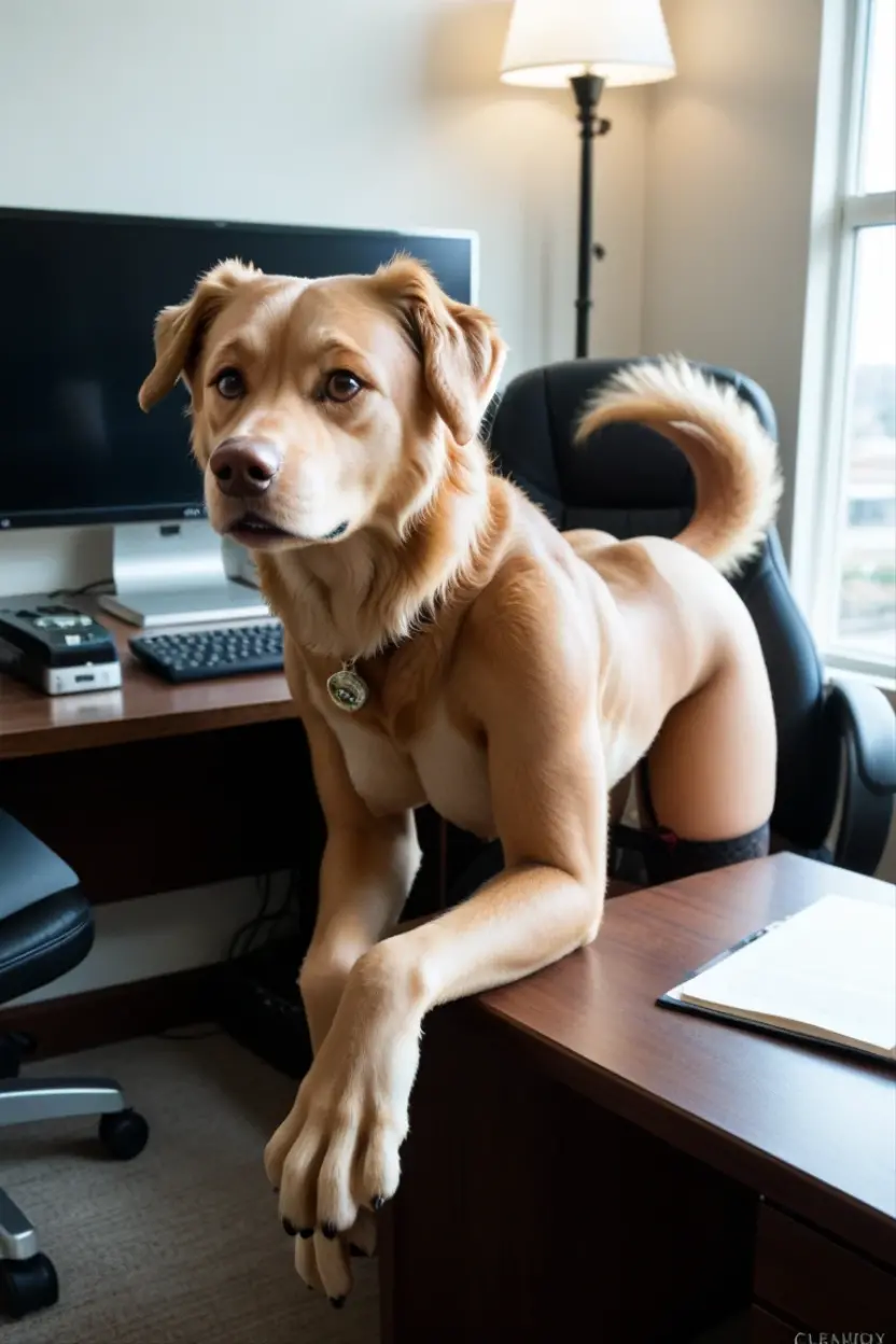 Dog head on a sexy female office worker perfect body at the office and is naked and having sex with you and riding on your dick