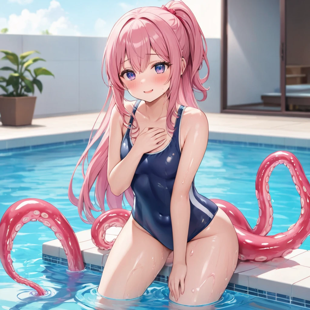 highest quality、High resolution、detailed background、10 year old beautiful girl、(((She takes off her swimsuit and inserts a tentacle into her vagina..)))、He glared at me with a very embarrassed look on his face..、revealing swimwear、