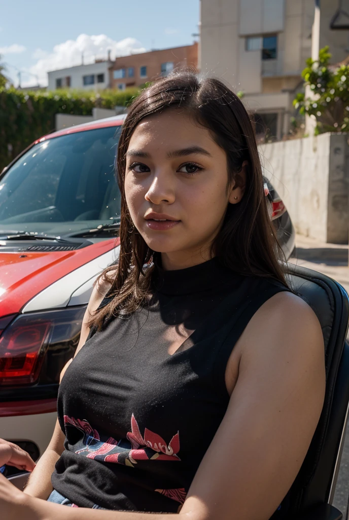 (photorealistic portrait:1.4), RAW UHD portrait photo of a 22-year-old Sri Lankan woman named Kasuni, long dark hair, dark skin, black eyes, athletic feminine features, DSLR, ultra quality, sharp focus, tack sharp, photorealistic, detailed skin pores, oiled skin, abs, intricate eye detail, vibrant expensive necklace, colorful bangles, earrings, Neon pink color gym attire, Sitting on driver's seat (Red Ferrari 458 spider), posed towards the camera, Montreal city busy outdoor car park background, evening natural sunlight on the face.