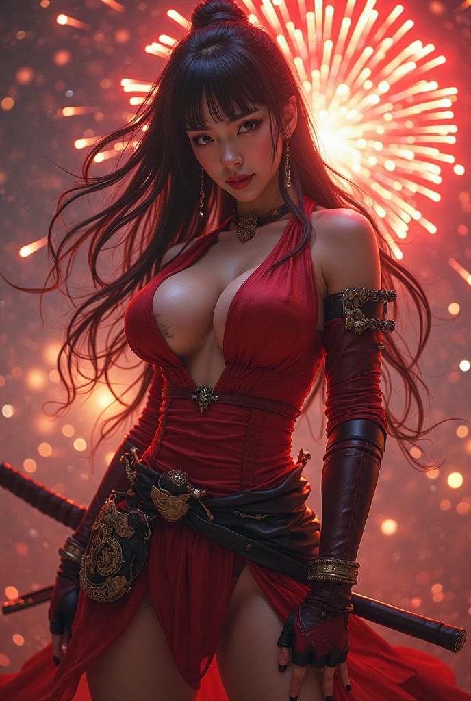 masterpiece, (best quality:1.4), Realistic, extremely detailed CG unified 8k wallpaper, Extremely detailled, High-definition raw color photos, professional photograpy, Realistic portrait, Cinematic Light, Beautiful detailed, 1girl in, Beautiful big breasts, Short ponytail, (Fine face:1.2), Long hair, Close up portrait of a girl in a completely transparent kimono with wide open front, Bare shoulders, (completely transparent kimono with wide open chest:1.4), open chest wide、Beautiful kimono with the image of a dragon, (with super huge dragon), (super huge and fierce dragon in the background:1.2), Black Dragon, details of the dragon, ((Innumerable sparkling jewels, Myriad shining jewels)), Fantasy Art, Outdoors, highly complex details, Intricately intertwined, fluttering in the sky, overlooking the clouds, rising flames, a desperate situation of crisis, transcendence realism,