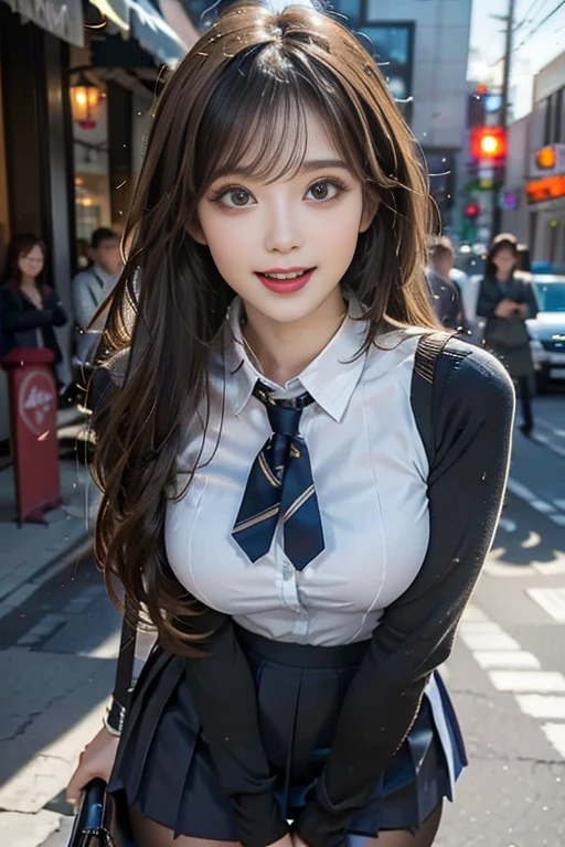 ((masterpiece)), ((highest quality)), (Super detailed), ((cute)), cute, (Lovely), ((sexy)), (device), ((Very detailed)), 4K, (8k), highest quality, (beautiful), water colored pencils, Genuineistic, Genuine, Focus on the face, whole bodyフォーカス, School, autumn, Beautiful woman, alone, Sailor suit, beautiful dark brown hair, beautiful purple eyes, ((beautiful eyes with highlights )), White skin, ponytail, Transparent Hair, Translucent hair, Large Breasts, tights, Glasses, smile, Neon Light, Wind effects, Reflection effect,Knee-high boots,Thigh-high boots(black),Leather boots,whole body